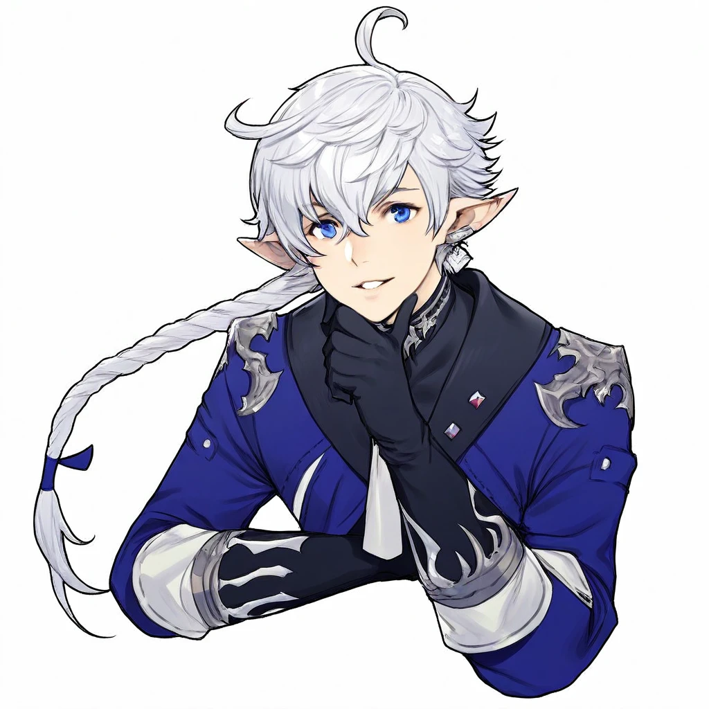 masterpiece, best quality, absurdres, very aesthetic, Alphinaud, long hair, looking at viewer, smile, blue eyes, simple background, shirt, gloves, long sleeves, white background, ribbon, hair between eyes, jewelry, jacket, upper body, braid, ahoge, parted lips, necktie, black gloves, hand up, single braid, blue jacket, single earring, cropped torso, hand on own chin, thinking, earclip