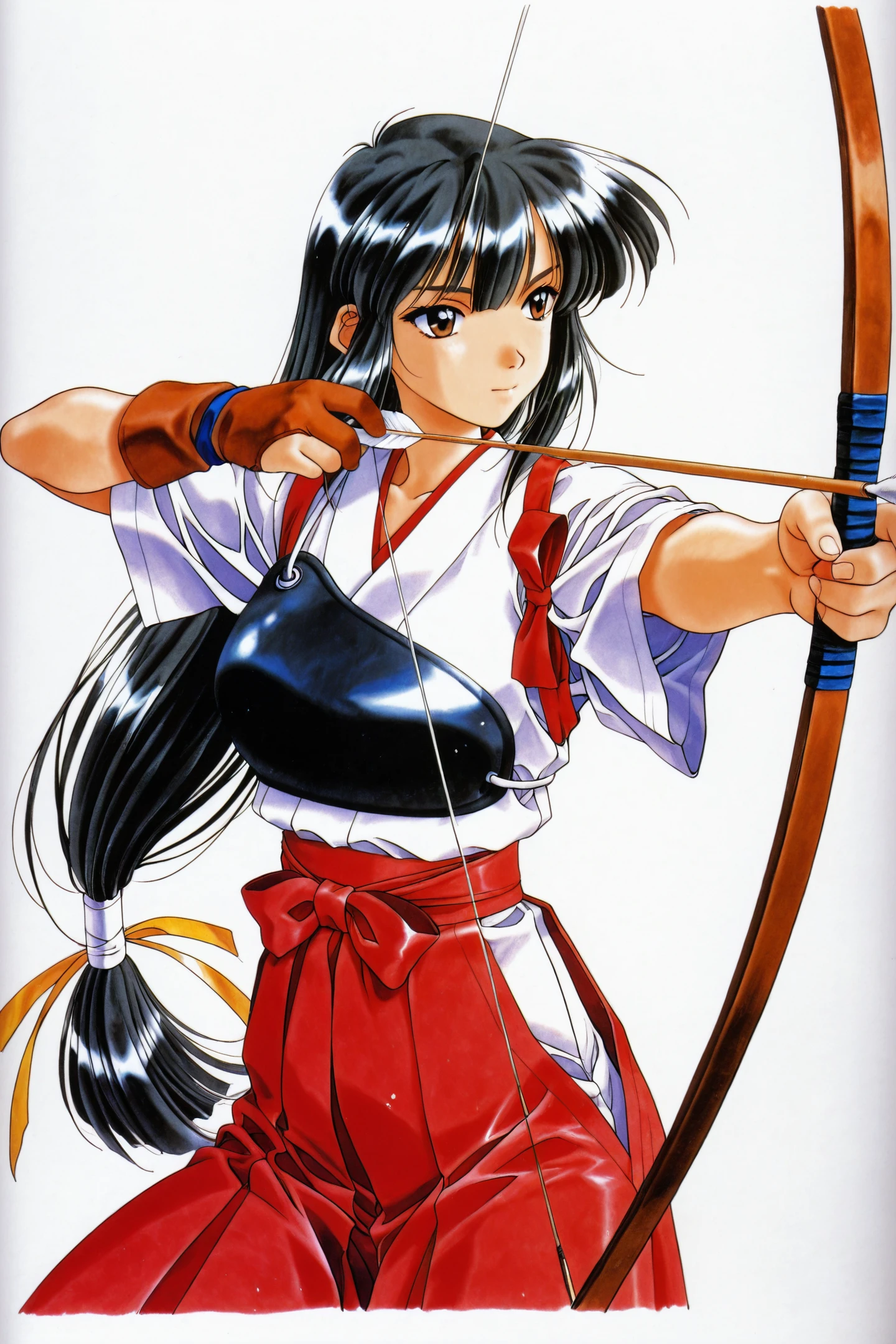 Wakana Ayasaki,1girl,archery,bow \(weapon\),solo,weapon,muneate,drawing bow,kyuudou,japanese clothes,holding bow \(weapon\),arrow \(projectile\),long hair,gloves,partially fingerless gloves,yugake,skirt,hakama,aiming,black hair,hakama skirt,brown eyes,single glove,retro artstyle,outstretched arm,holding weapon,holding,1990s \(style\),white background,simple background,very long hair,holding arrow,low-tied long hair,traditional media,traditional media,closed mouth,
<lora:Mizutani Tooru_illustriousXL:1>,