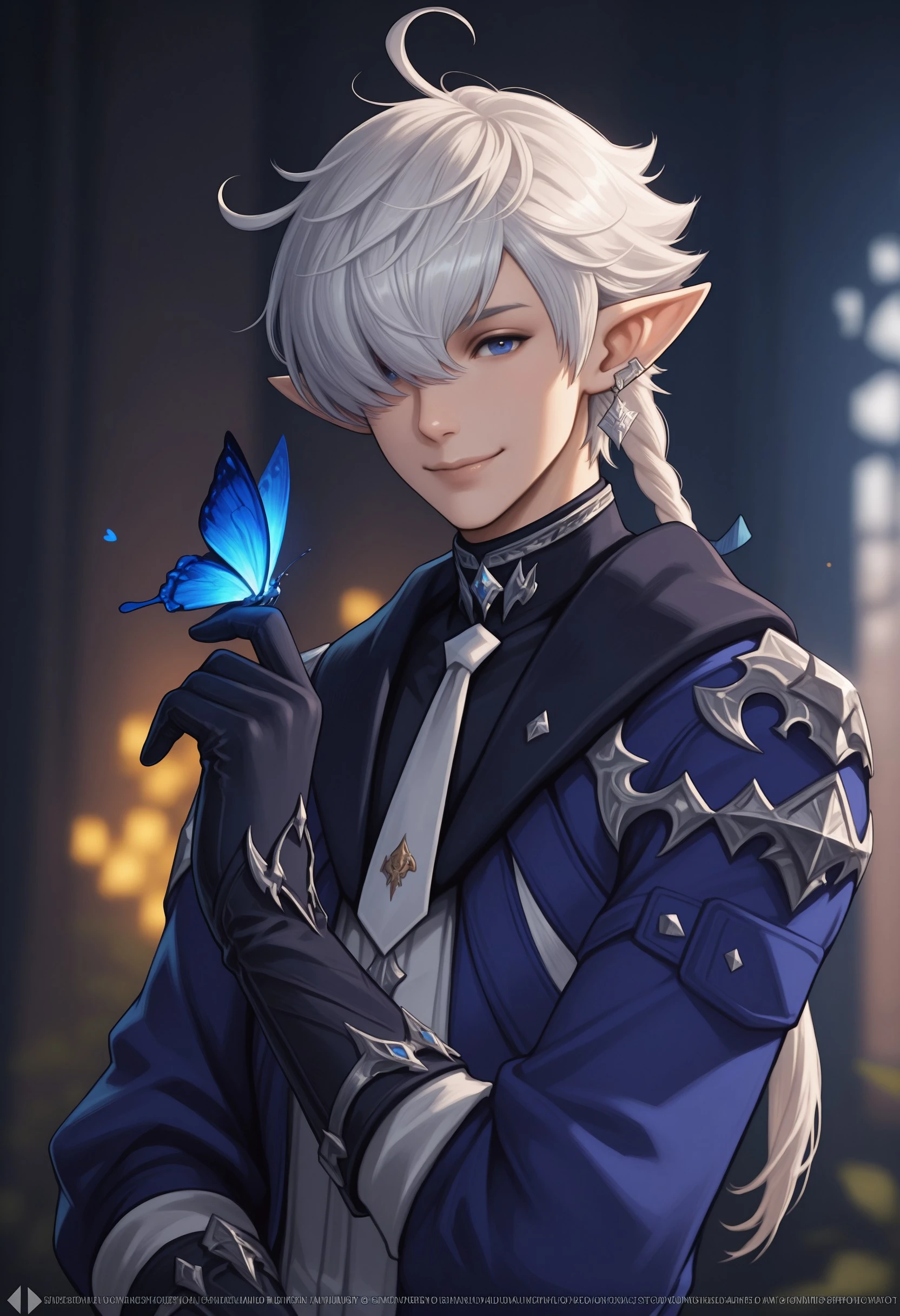 masterpiece, very aesthetic, best quality, Alphinaud, male focus, 1boy, short hair, looking at viewer, smile, blue eyes, gloves, jewelry, upper body, braid, ahoge, necktie, black gloves, hair over one eye, blurry, single braid, blurry background, watermark, bug, butterfly, single earring, braided ponytail, blue coat, blue butterfly, earclip, butterfly on hand, <lora:0cb86c39-c8f6-44c1-a34c-6c13d383ea53:0.8>