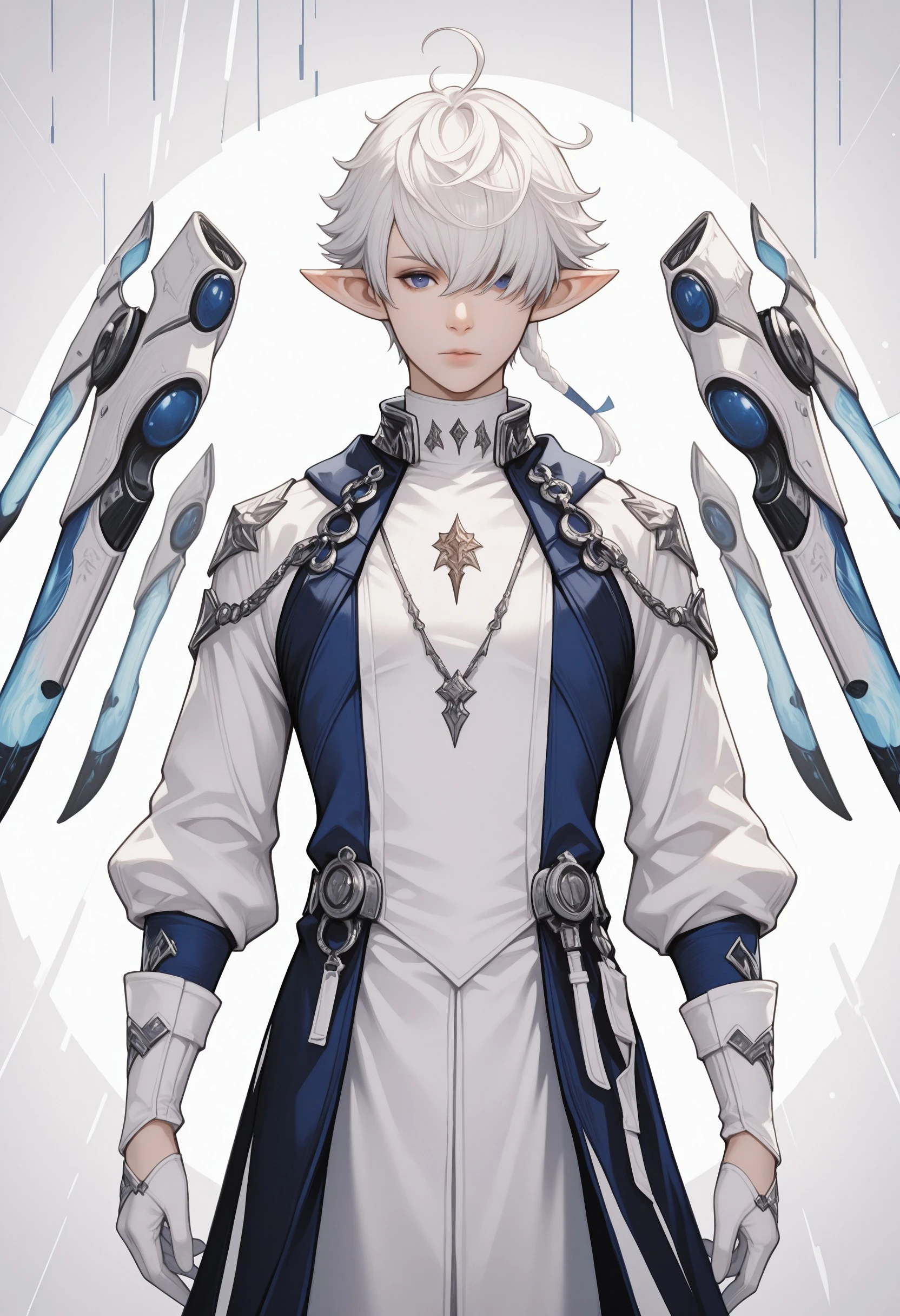 masterpiece, very aesthetic, best quality, Alphinaud, looking at viewer, blue eyes, gloves, long sleeves, hair between eyes, jewelry, closed mouth, single braid, ribbon, standing, white shirt, white hair, cowboy shot, white gloves, short hair, hair over one eye, coat, swept bangs, expressionless, arm at side, white coat, straight-on, floating object,floating weapon, <lora:0cb86c39-c8f6-44c1-a34c-6c13d383ea53:0.8>