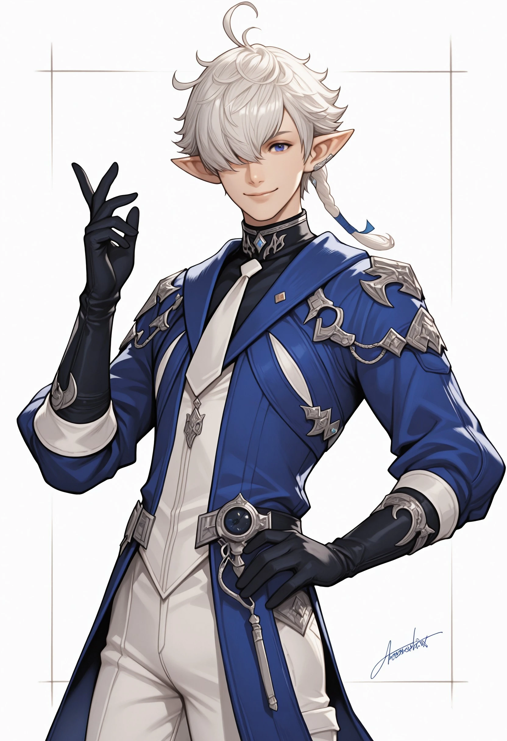 masterpiece, very aesthetic, best quality, Alphinaud, 1boy, male focus, single braid, short hair, looking at viewer, smile, blue eyes, gloves, white background, jewelry, standing, braid, ahoge, cowboy shot, necktie, black gloves, pants, hand up, signature, hair over one eye, coat, hand on hip, one eye covered, white pants, blue coat, <lora:0cb86c39-c8f6-44c1-a34c-6c13d383ea53:0.8>