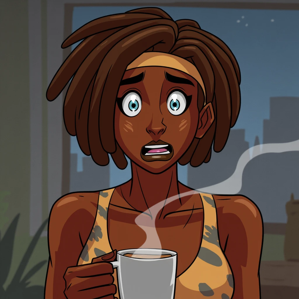 cinematic film still of  <lora:Tera_tyf v1:0.8>
cinematic Tera_tyf a cartoon surprised dark skin braided hair blue eyes woman with a cup of coffee and open mouth, perfect image, perfect body, perfect anatomy, sharp image, detailed image, high quality photography, dramatic illustration style, Tera_tyf style, solo, open mouth, short hair, blue eyes, brown hair, cup, headband, tank top, portrait, mug, coffee mug, dreadlocks, thick eyebrows, steam, shallow depth of field, vignette, highly detailed, high budget, bokeh, cinemascope, moody, epic, gorgeous, film grain, grainy