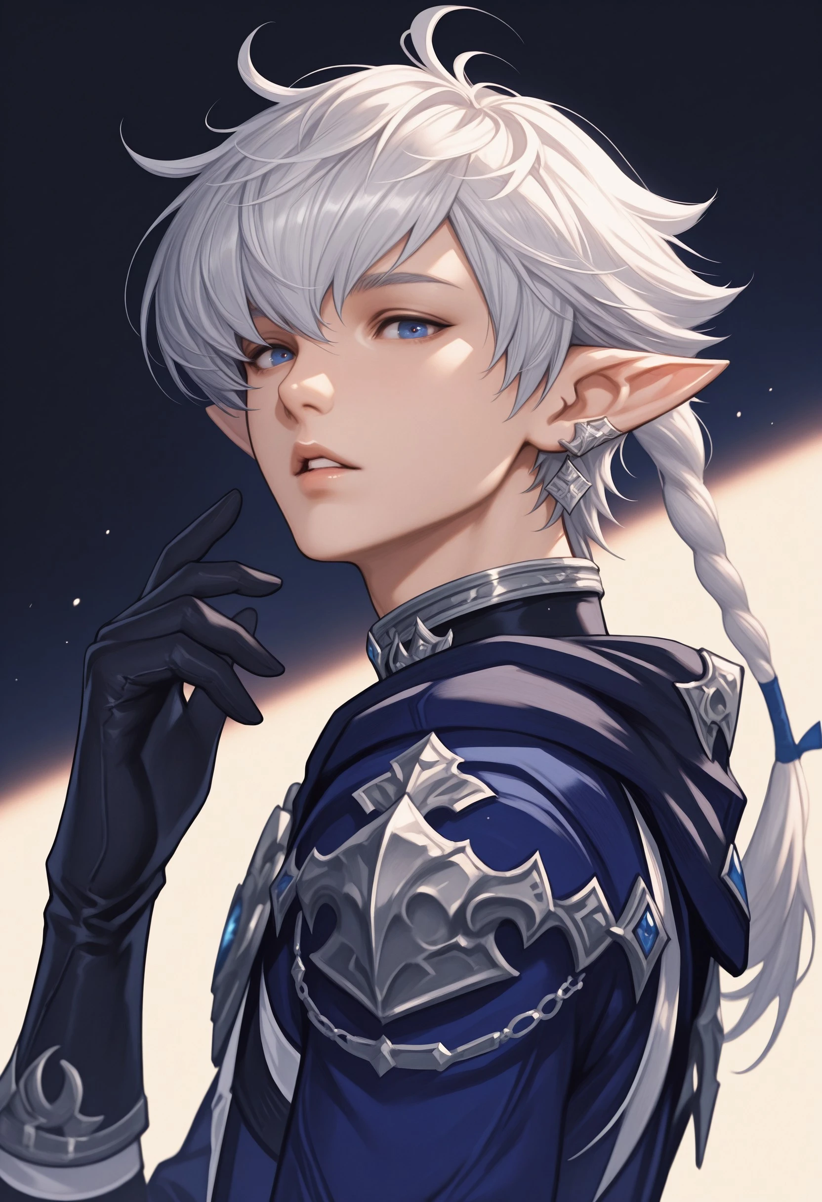 masterpiece, very aesthetic, best quality, Alphinaud, 1boy, male focus, short hair, looking at viewer, blue eyes, gloves, jewelry, upper body, braid, parted lips, black gloves, hand up, single braid, portrait, earclip, <lora:0cb86c39-c8f6-44c1-a34c-6c13d383ea53:0.8>