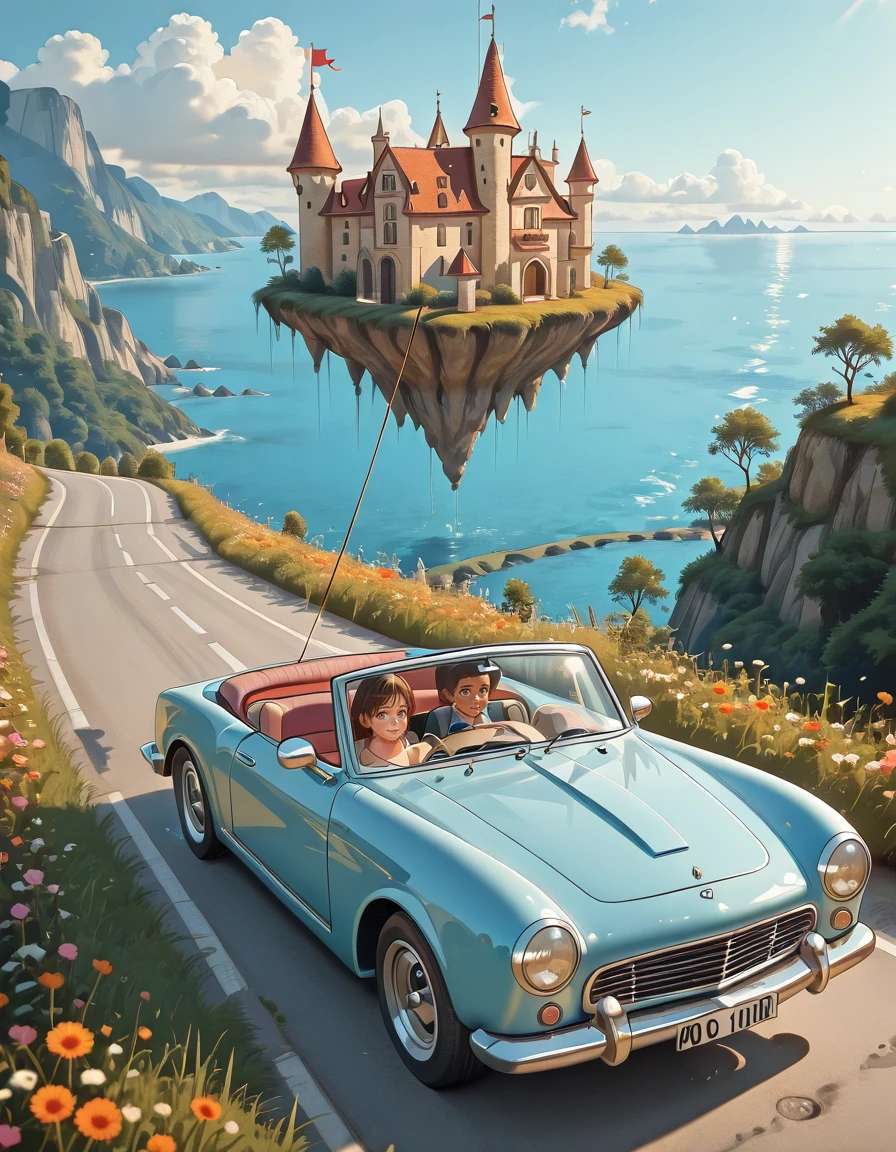 <lora:MW_Minis01ill:1> mwm01. A dreamy, whimsical scene featuring a classic light blue convertible driving along a coastal road with colorful wildflowers on both sides. A young couple sits inside the open-top car, enjoying the scenic drive. Tethered to the car by a rope is a floating fairytale castle with red conical rooftops, perched atop a grassy floating island. The castle hovers peacefully in the clear blue sky, casting a faint shadow on the road. In the distance, rolling hills meet the calm sea. The lighting is golden and warm, suggesting late afternoon. The view angle is cinematic, from slightly above and to the side of the car, emphasizing motion and the magical connection to the floating castle.