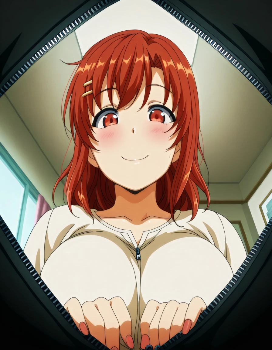 masterpiece, best quality, amazing quality,, <lora:yui-obata-ova-illustriousxl-lora-nochekaiser:1>, yui obata, medium hair, hair ornament, red eyes, red hair, hairclip, mature female, breasts, anime screencap, <lora:pov-inside-of-bag-illustriousxl-lora-nochekaiser:1>, pov inside of bag, blush, pov, looking at viewer, zipper, unzipped, smile, looking down,