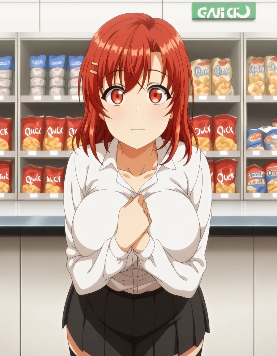 masterpiece, best quality, amazing quality,, <lora:yui-obata-ova-illustriousxl-lora-nochekaiser:1>, yui obata, medium hair, hair ornament, red eyes, red hair, hairclip, mature female, breasts, anime screencap, white shirt, collared shirt, long sleeves, black skirt, pleated skirt, collarbone, thighhighs, black thighhighs, hands on own chest,, convenience store, snacks, shelves, counter, quick, cowboy shot, solo, looking at viewer