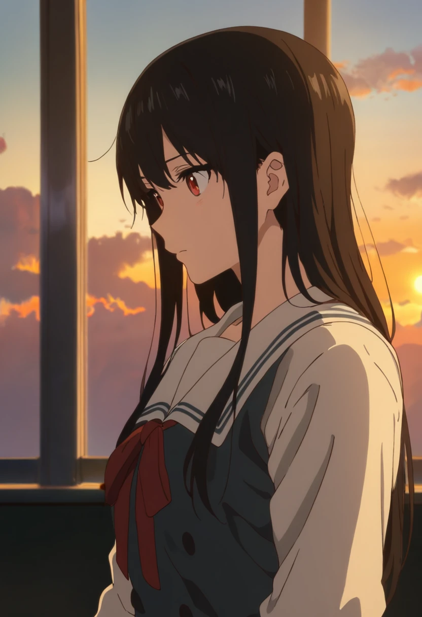 masterpiece, best quality, amazing quality, very aesthetic, absurdres, newest, <lora:MitsukiNase_Illustrious_v1:0.8>,mitsukinase, 1girl, solo, long hair, black hair, red eyes, closed mouth, school uniform, sky, serafuku, cloud, sailor collar, sunset,