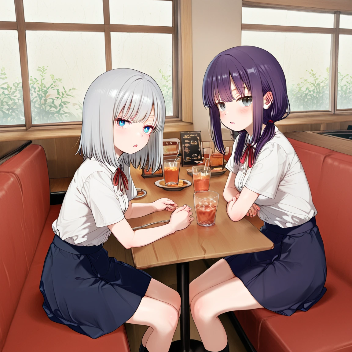 great quality,2girls,almic,(akakura,ogipote,:0.75),table,window,family restaurant,restaurant,indoors,couch,sitting,transparent glass ,wooden table, <lora:ENStyle:0.7> <lora:shimmering:0.7>,, <lora:momisanC:0.6> white shirt,school shirt,pocket and button shirt,dark blue skirt,from side, <lora:Family_Restaurant_Inside:1>,Scratching one's head,(surprised:1.2),front view,,looking at viewer,dutch angle,
BREAK
silver hair,,medium hair,,straight hair,swept bangs,haipin,blue eyes,white pupils,(jitome:0.6),medium small breasts,table,window,family restaurant,restaurant,indoors,couch,sitting,glass,
BREAK
purple hair,medium hair,(low twintails:1.15),grey eyes,(sincos,egami:0.8),(jitome:0.6),medium large breasts,table,window,family restaurant,restaurant,indoors,couch,sitting,glass,