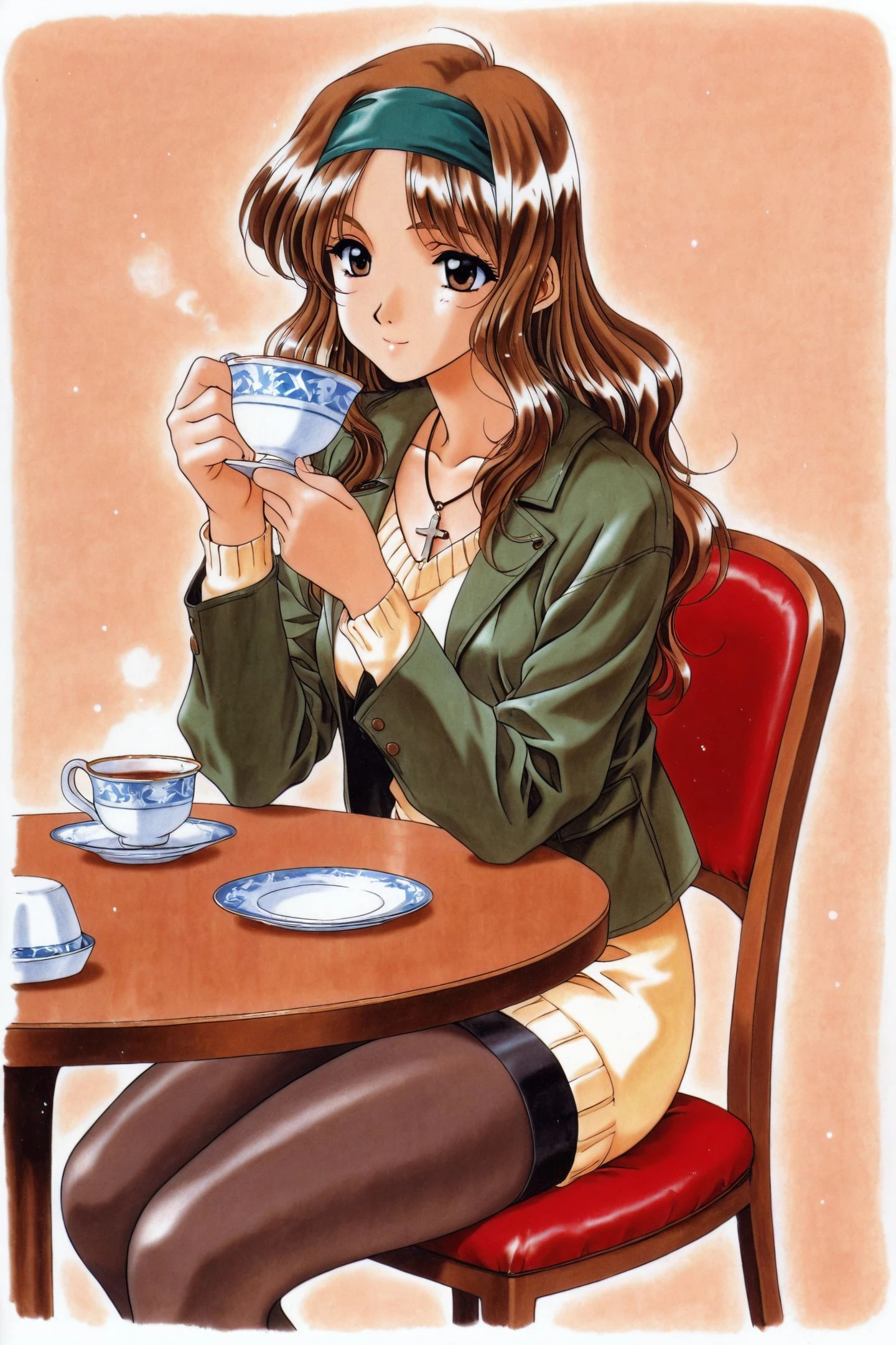 Akira Endou,1girl,solo,teacup,sitting,cup,long hair,table,jewelry,brown eyes,necklace,pantyhose,chair,hairband,holding,cross,sweater,long sleeves,cross necklace,brown hair,traditional media,jacket,retro artstyle,smile,
<lora:Mizutani Tooru_illustriousXL:1>,