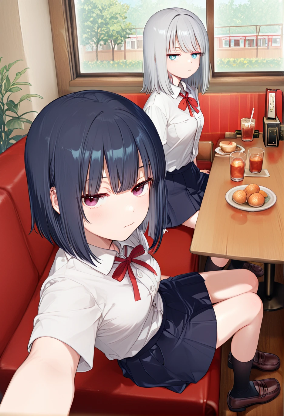 great quality,2girls,almic,(akakura,ogipote,:0.75),table,window,family restaurant,restaurant,indoors,couch,sitting,transparent glass ,wooden table, <lora:ENStyle:0.7> <lora:shimmering:0.7>,, <lora:momisanC:0.6> white shirt,school shirt,pocket and button shirt,dark blue skirt, ,Saluting with respect,jitome,(from above:0.9),,looking at viewer,out of frame, face close-up,<lora:Family_Restaurant_Inside:0.9>
BREAK
silver hair,,medium hair,,straight hair,swept bangs,haipin,blue eyes,white pupils,(jitome:0.6),medium small breasts,,white shirt,school shirt,pocket and button shirt,(red bow:0.8),thights,black socks,loafers,full body,legs,table,window,family restaurant,restaurant,indoors,couch,sitting,glass,
BREAK
purple hair,medium hair,(low twintails:1.15),grey eyes,(sincos,egami:0.8),(jitome:0.6),medium large breasts,table,window,family restaurant,restaurant,indoors,couch,sitting,glass, smile