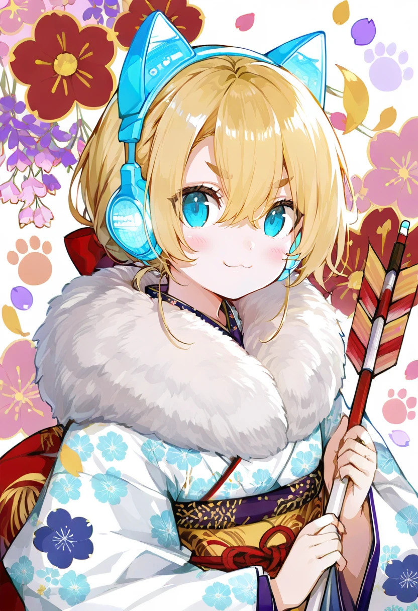 1girl, kimono, solo, japanese clothes, headphones, fake animal ears, animal ear headphones, animal ears, arrow \(projectile\), obi, holding, sash, floral print, blonde hair, smile, looking at viewer, hair between eyes, upper body, holding arrow, closed mouth, hamaya, cat ear headphones, long sleeves, blush, print kimono, bangs, white kimono, fur collar, white background, wide sleeves, petals, fur trim, floral background, flower, :3, paw print, thick eyebrows <lora:akiZeroXL_il1_lokr_V6311P:0.95>