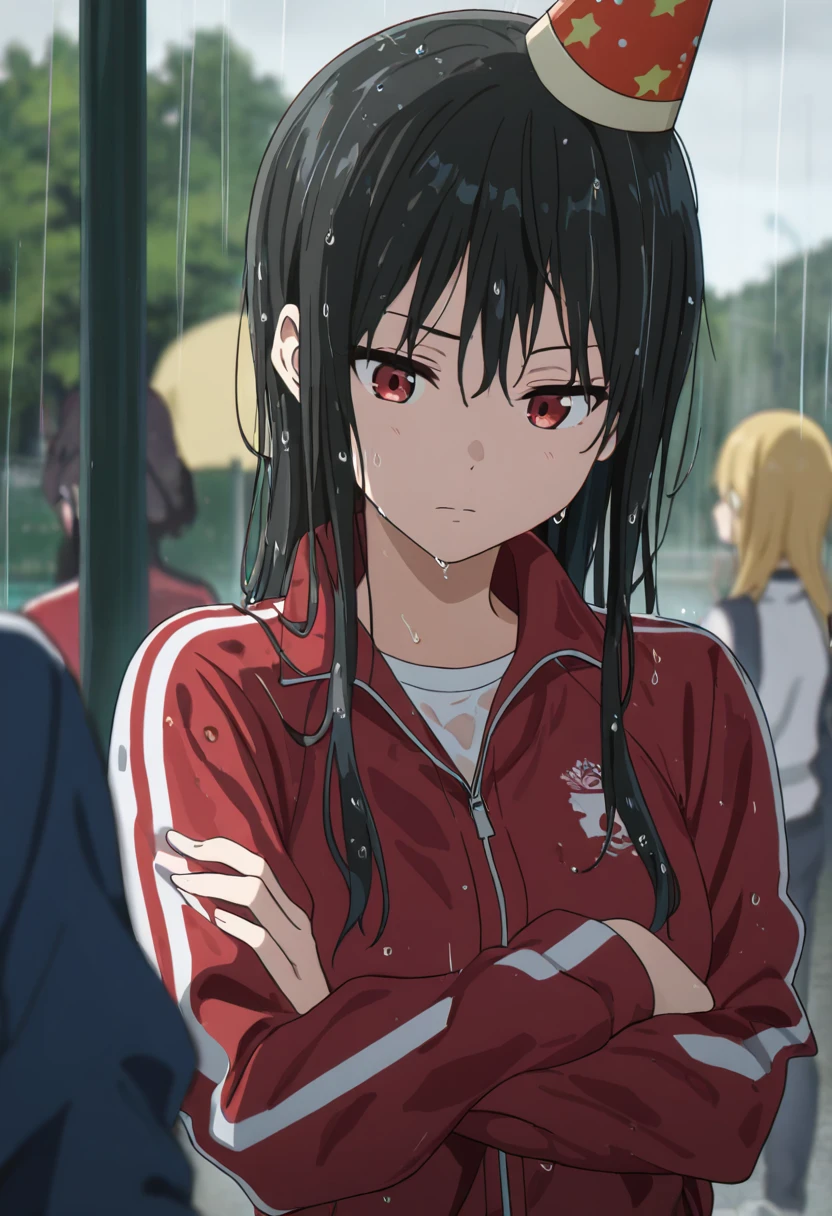 masterpiece, best quality, amazing quality, very aesthetic, absurdres, newest, <lora:MitsukiNase_Illustrious_v1:0.8>,mitsukinase, long hair, bangs, multiple girls, blonde hair, black hair, red eyes, long sleeves, hat, 2girls, closed mouth, jacket, outdoors, solo focus, blurry, wet, blurry background, crossed arms, wet clothes, red jacket, rain, track jacket, wet hair, track suit, party hat