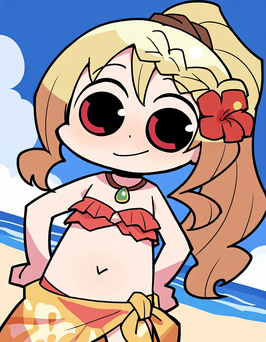 ((Obra maestra, La mejor calidad, Ultra detallado))), (illustration), (hermosos ojos detallados), ((cara detallada muy linda)), (1girl), (solamenleno_ cuerpo),Chica_anime_en_cuerpo_completo_con_Uno_Frilled_bikini_blanco_y_brown_chaqueta,(cabello)largo_cabello_rubio(BLONDE CHILD girl)_cabello_derriere_luz, derriere, ((They are smiling))(pose genial), dibujo agresivo, mostrando el trasero, ((),,semidesnudo,sexy, niples, ,(Arte digital)vectorial_arte, estilo trcoot,artee_de_vectores, minimalista, rojo_monocromatic, (vivas) Vivido_energico, divertido y emocionante, exquisita