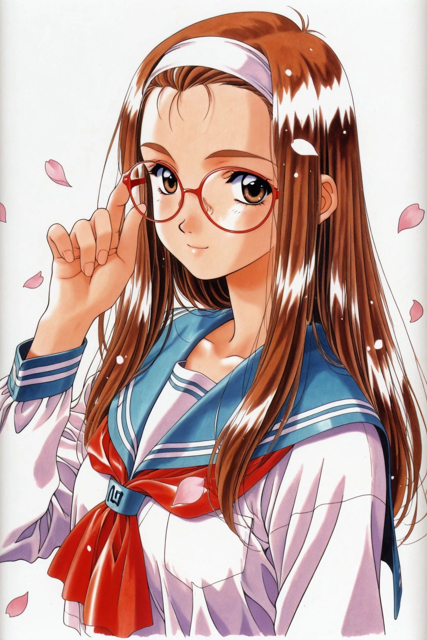 Miyuki Hosaka,1girl,solo,brown hair,school uniform,brown eyes,white hairband,glasses,smile,petals,long sleeves,white background,upper body,flower,1990s \(style\),looking at viewer,simple background,serafuku,long hair,round eyewear,traditional media,retro artstyle,cherry blossoms,
<lora:Mizutani Tooru_illustriousXL:1>,