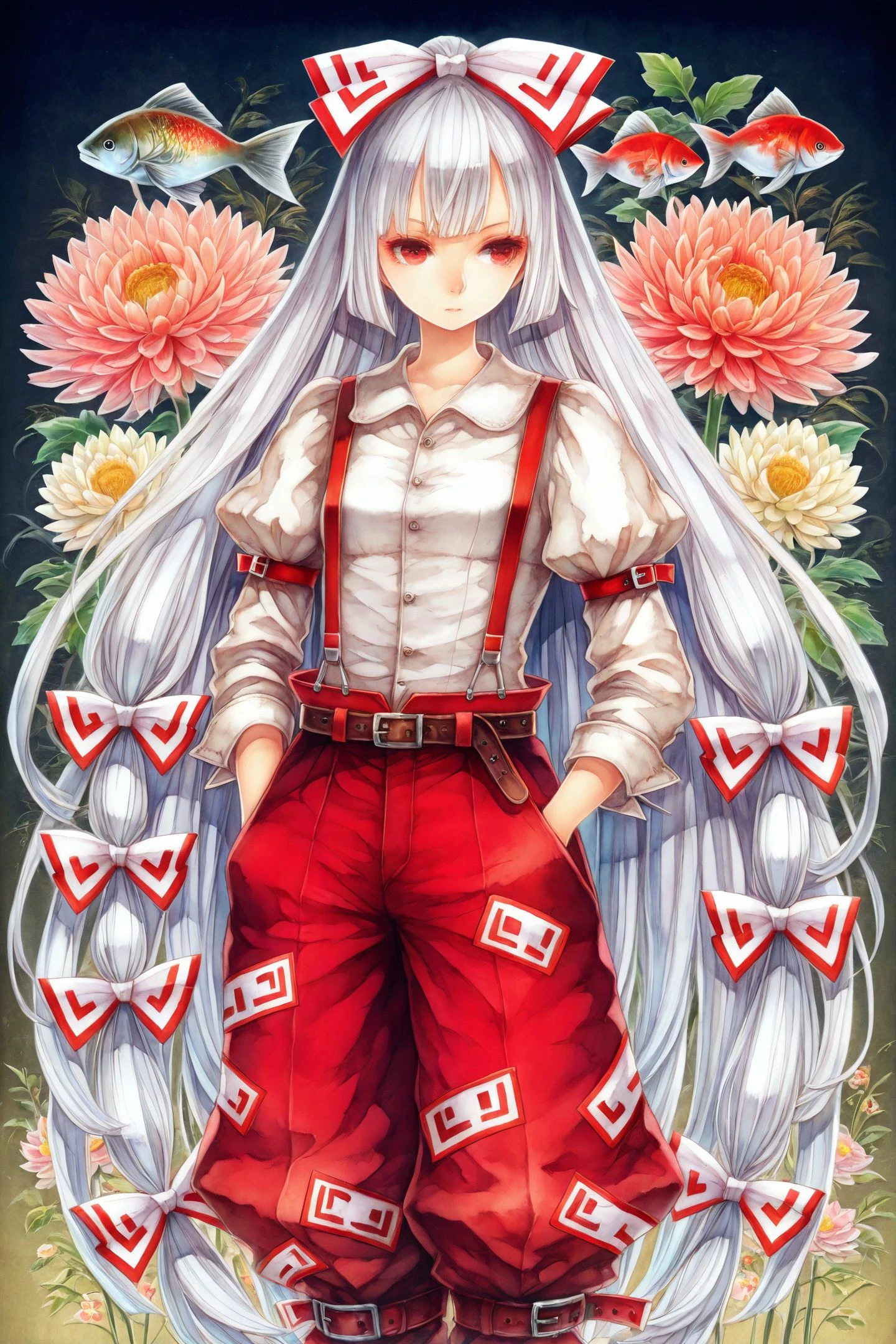 1girl,fujiwara no mokou,solo,long hair,white hair,flower,chrysanthemum,suspenders,red eyes,very long hair,bow,pants,hair bow,hair ribbon,hand in pocket,ribbon,belt,fish,
<lora:Yogisya_illustriousXL:1.5>,