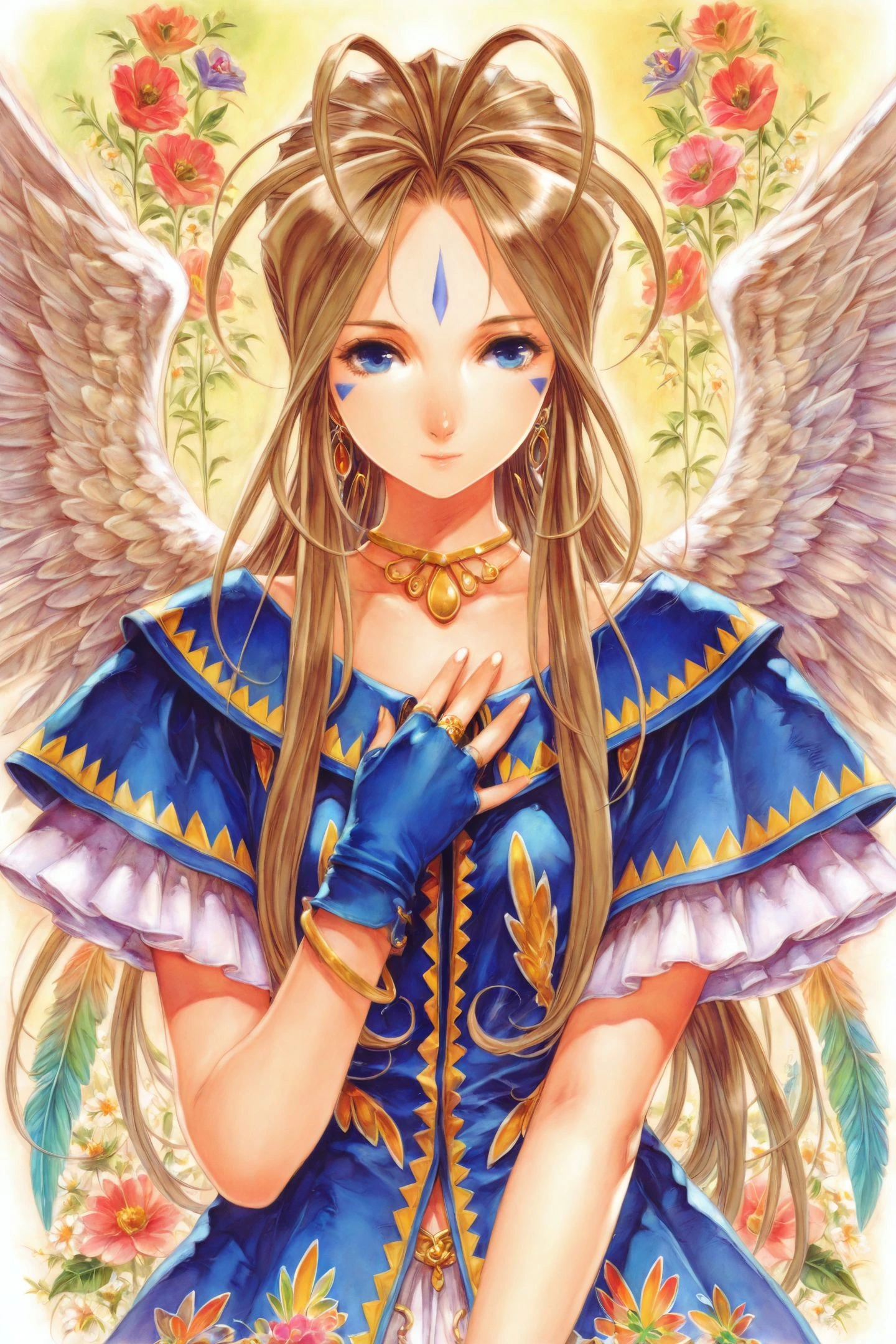 Belldandy,1girl,solo,wings,long hair,facial mark,jewelry,brown hair,forehead mark,blue eyes,bracelet,fingerless gloves,gloves,angel wings,standing,ring,upper body,hand on own chest,traditional media,feathers,flower,colorful,
<lora:Kosuke Fujishima_illustriousXL:0.4>,
<lora:Yogisya_illustriousXL:1.7>,