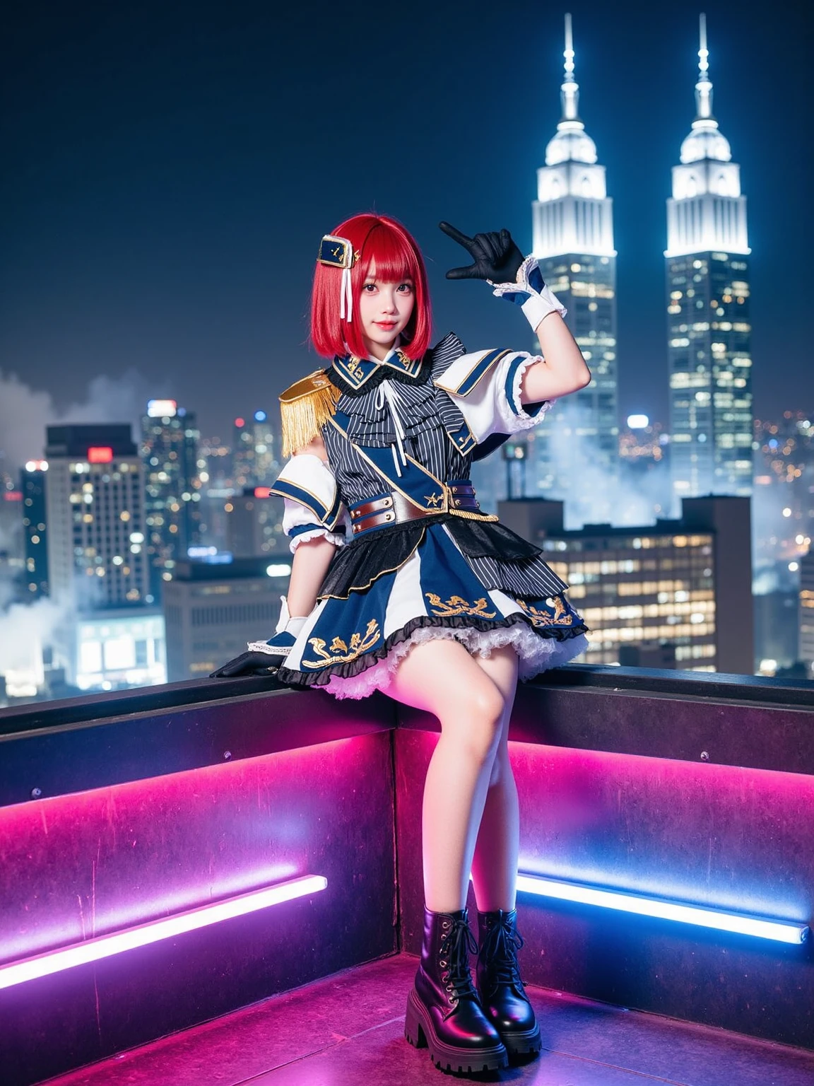 A realistic photo of a beautiful woman in cyb-arimakana cosplay costume. She is also wearing wrist cuffs and black gloves and ankle boots. She has red hair with hair ornament. She is in dynmiac pose. The background is the edge of the roof with neon and led lights at night with mist, behind is a futuristic cyberpunk skyline with skyscrapers. The photo is a full body shot with her entire body visible and with detail background.