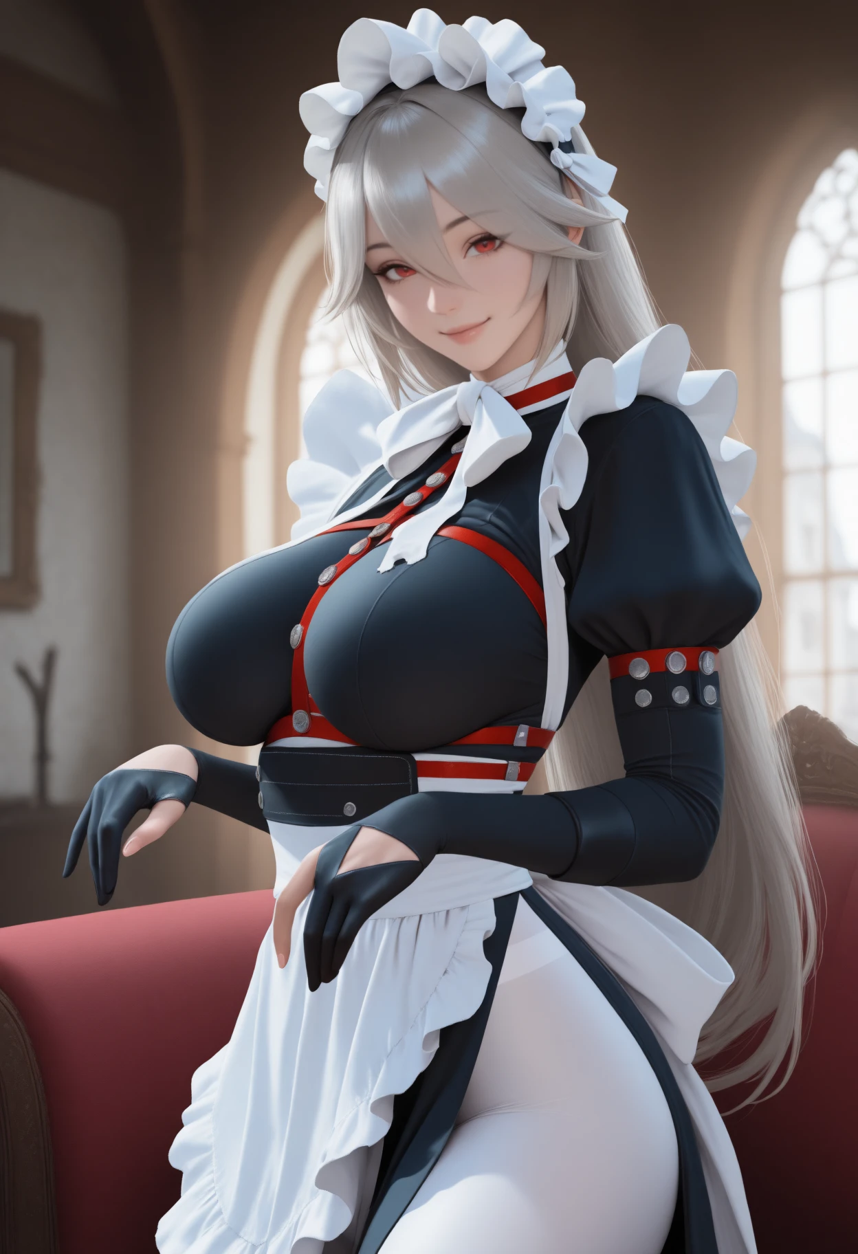 NSFW、Long Hair、Hair between the eyes、とてもLong Hair、White Hair、Messy Hair、(Yellow Eyes:1.3),(Maid clothes:1.5),Off the shoulder,cropped,Micro Mini Skirt,belly button,(Iron Collar:1.5),(Perfect hands),(Perfect Anatomy),(masterpiece),(highest quality),(Embarrassed:1.5),blush,is nervous,Mansion,Luxury Room,chandelier