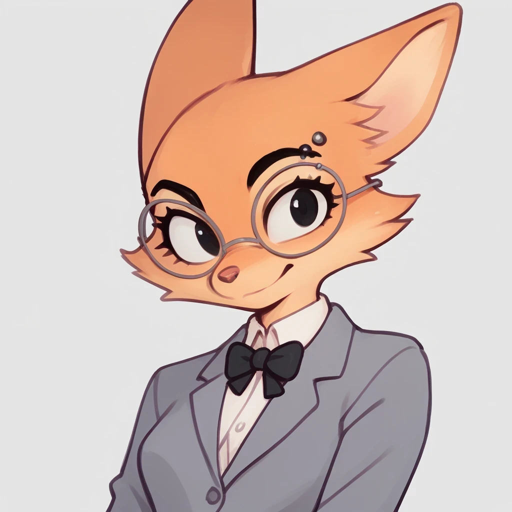 score_9, score_8_up, score_7_up, 1girl, Dian3Fox, fox, anthro, furry, ginger fur, black eyes, silver piercing on eyebrow, round glasses, fox ears, gray blazer,