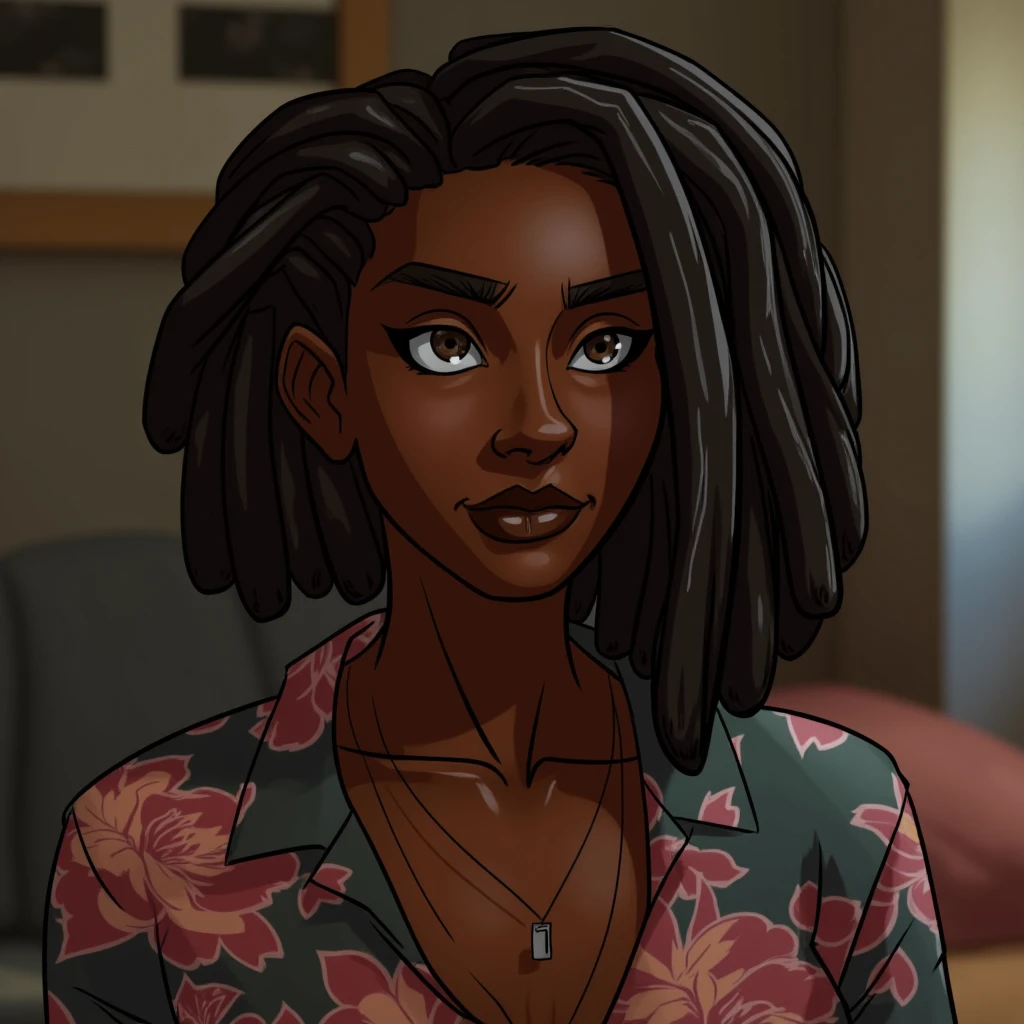 UHD, 4k, ultra detailed, cinematic, a photograph of  <lora:Tera_tyf v1:0.7> Tera_tyf dark skin braided short hair
a woman with long black hair and a floral shirt, epic, beautiful lighting, inpsiring