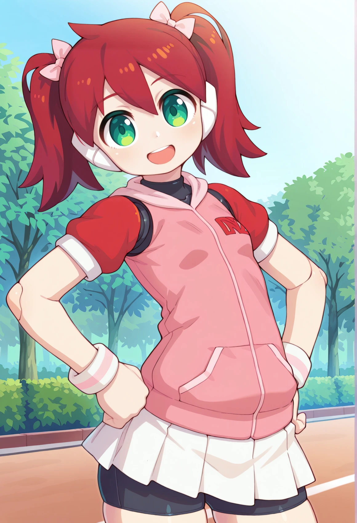 humanoid robot, robot ears, android joints, upper body, 1girl, red hair, twintails, green eyes, hair bow, pink hoodie, short sleeves, wristband, white skirt, bike shorts, outdoors, park, standing, smile, open mouth, hands on hip, head tilt, <lora:Sayaka_saru_illus:0.8> <lora:tooru_illus:1> solo, masterpiece, best quality, amazing quality, very aesthetic, absurdres, highres, newest