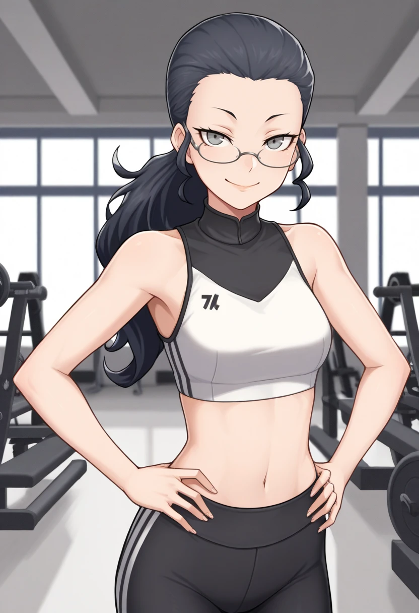 masterpiece, high quality, (anime), best quality, dynamic pose, dynamic light, 1girl, solo, beautiful face, very detailed eyes and face, dokkaebi, glasses, 1girl, sports bra, yoga pants, gym, working out, holding dumbbells, light smile,  full body portrait
