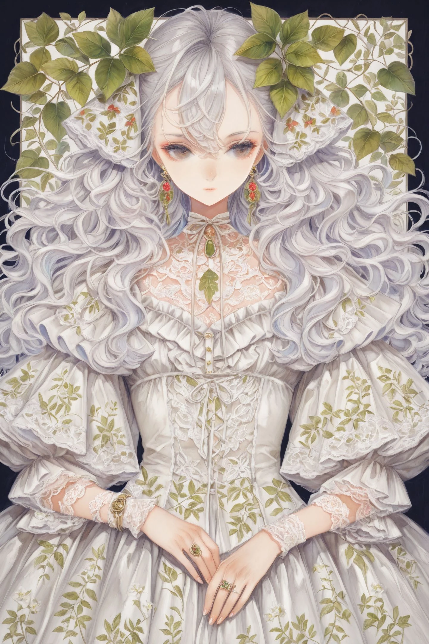 1girl,jewelry,earrings,long hair,ring,white hair,solo,leaf,lace,wavy hair,frills,traditional media,
<lora:Yogisya_illustriousXL:1.5>,