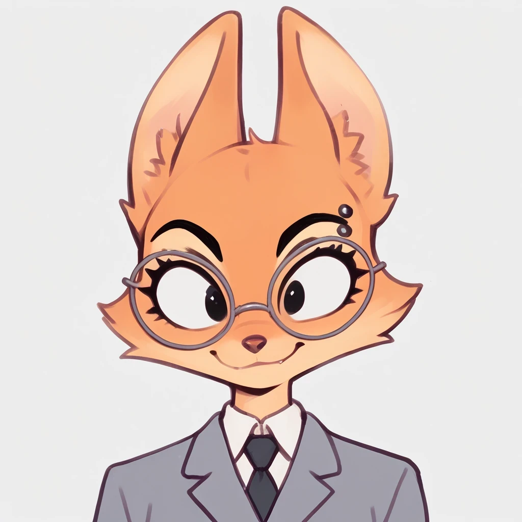 score_9, score_8_up, score_7_up, 1girl, Dian3Fox, fox, anthro, furry, ginger fur, black eyes, silver piercing on eyebrow, round glasses, fox ears, gray blazer,