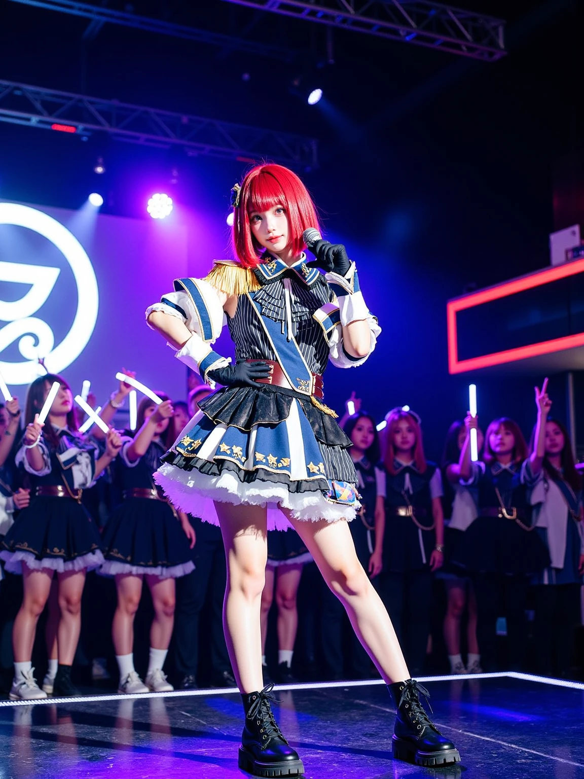 A realistic photo of a beautiful woman in cyb-arimakana cosplay costume. She is also wearing wrist cuffs and black gloves and ankle boots. She has red hair with hair ornament. She is standing and holding a microphone in dynamic pose. The background is in a small, intimate venue. The stage is adorned with colorful lights and a backdrop featuring the idol group's logo. The audience is filled with enthusiastic fans waving glow sticks, creating a mesmerizing sea of color. The photo is a full body shot with her entire body visible and with detail background.
