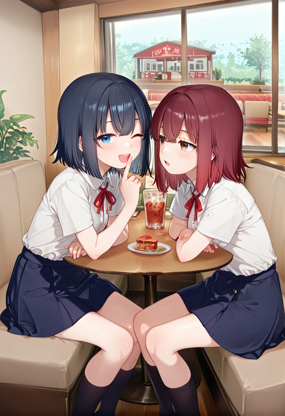 great quality,2girls,almic,(akakura,ogipote,:0.75),table,window,family restaurant,restaurant,indoors,couch,sitting,transparent glass ,wooden table, <lora:ENStyle:0.7> <lora:shimmering:0.7>,, <lora:momisanC:0.6> white shirt,school shirt,pocket and button shirt,dark blue skirt, ,Pointing with one's index finger,hyper-deformed face, ;o, one eye closed,,upper body,,looking at viwer,,<lora:Family_Restaurant_Inside:0.9>
BREAK
dark red hair,medium hair,brown eyes,,white shirt,school shirt,pocket and button shirt,(red bow:0.7),dark blue skirt,black socks,legs,,table,window,family restaurant,restaurant,indoors,couch,sitting,glass,
BREAK
purple hair,medium hair,(low twintails:1.15),grey eyes,(sincos,egami:0.8),(jitome:0.6),medium large breasts,table,window,family restaurant,restaurant,indoors,couch,sitting,glass, smile