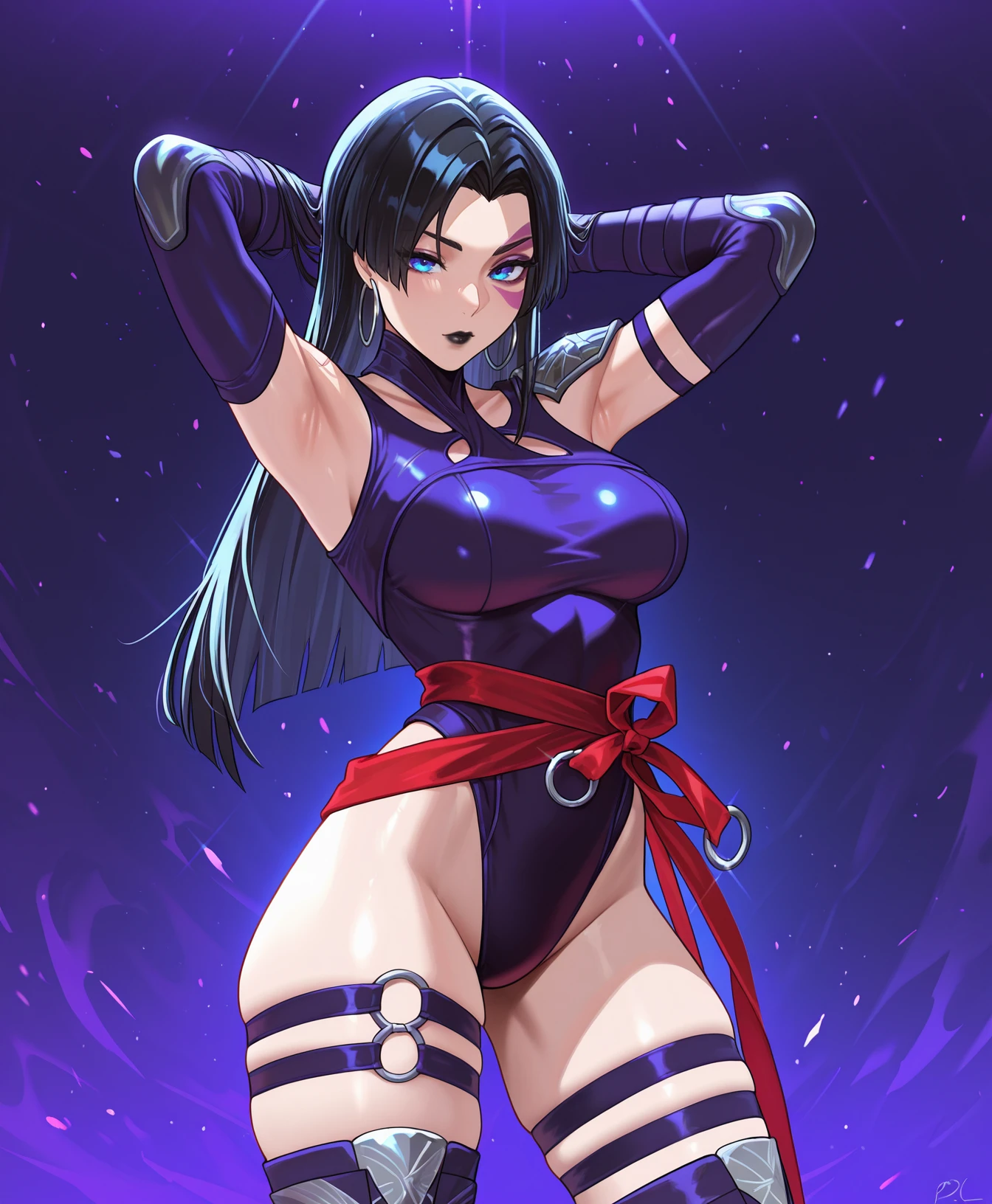 masterpiece, best quality, asagi, 1girl, breasts, solo, sweat, large breasts, cleavage, navel, smile, abs, toned, looking at viewer, hand on hip, blush, huge breasts, blue hair, long hair, bangs, hair between eyes, green eyes, purple suits