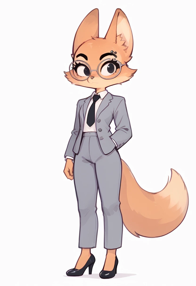 score_9, score_8_up, score_7_up, 1girl, Dian3Fox, fox, anthro, furry, ginger fur, black eyes, silver piercing on eyebrow, round glasses, fox ears, gray blazer, white shirt, black tie, gray pants, gray high heels, folded shirt collar