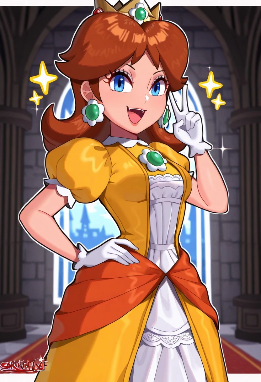 masterpiece, sarukaiwolf, 1girl, solo, princess daisy, dress, looking at viewer, happy, standing, pose, open mouth, indoors, castle
