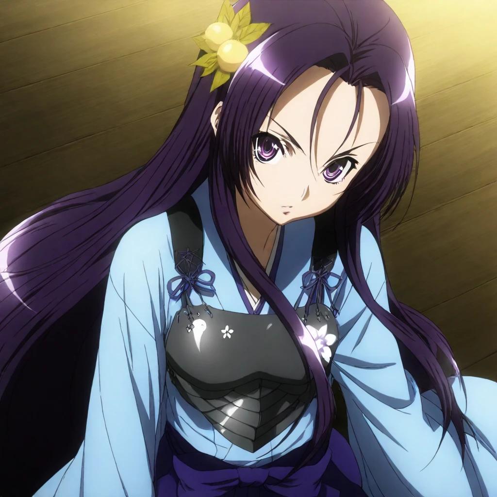 masterpiece,solo,looking at viewer,<lora:Akechi_Mitsuhide ilorg v1:1> akechi_mitsuhide, purple hair, long hair, purple eyes,japanese clothes,armor,