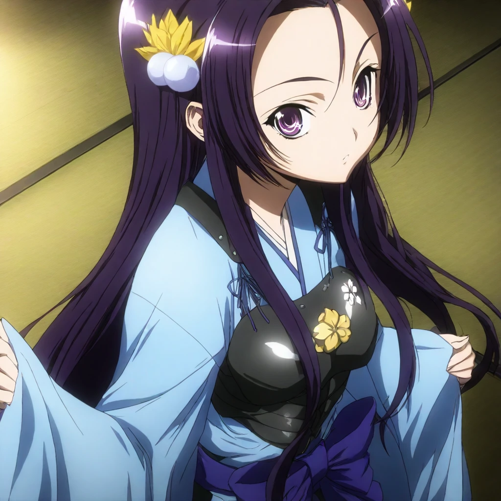 masterpiece,solo,looking at viewer,<lora:Akechi_Mitsuhide ilorg v1:1> akechi_mitsuhide, purple hair, long hair, purple eyes,japanese clothes,breast armor,