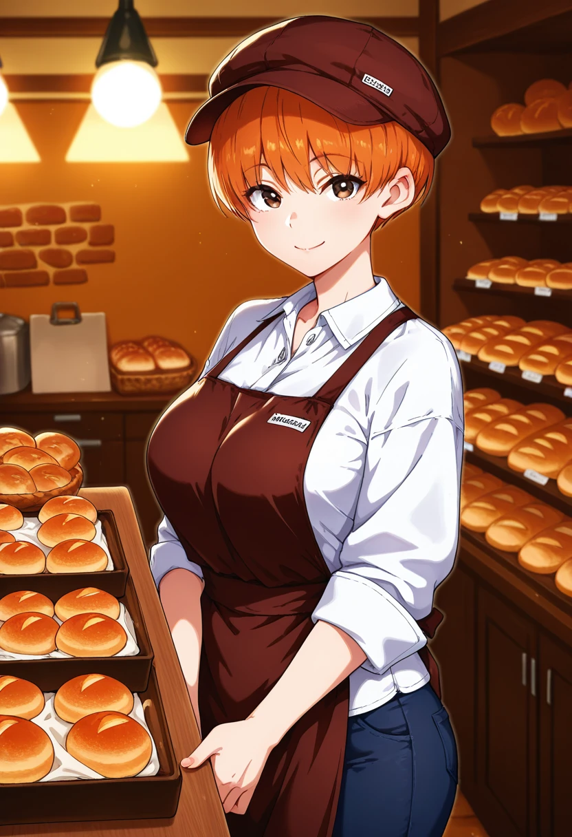 a woman wearing an apron, orange hair, green eyes smiling in a coffee shop serving a tray with breakfast, big breast