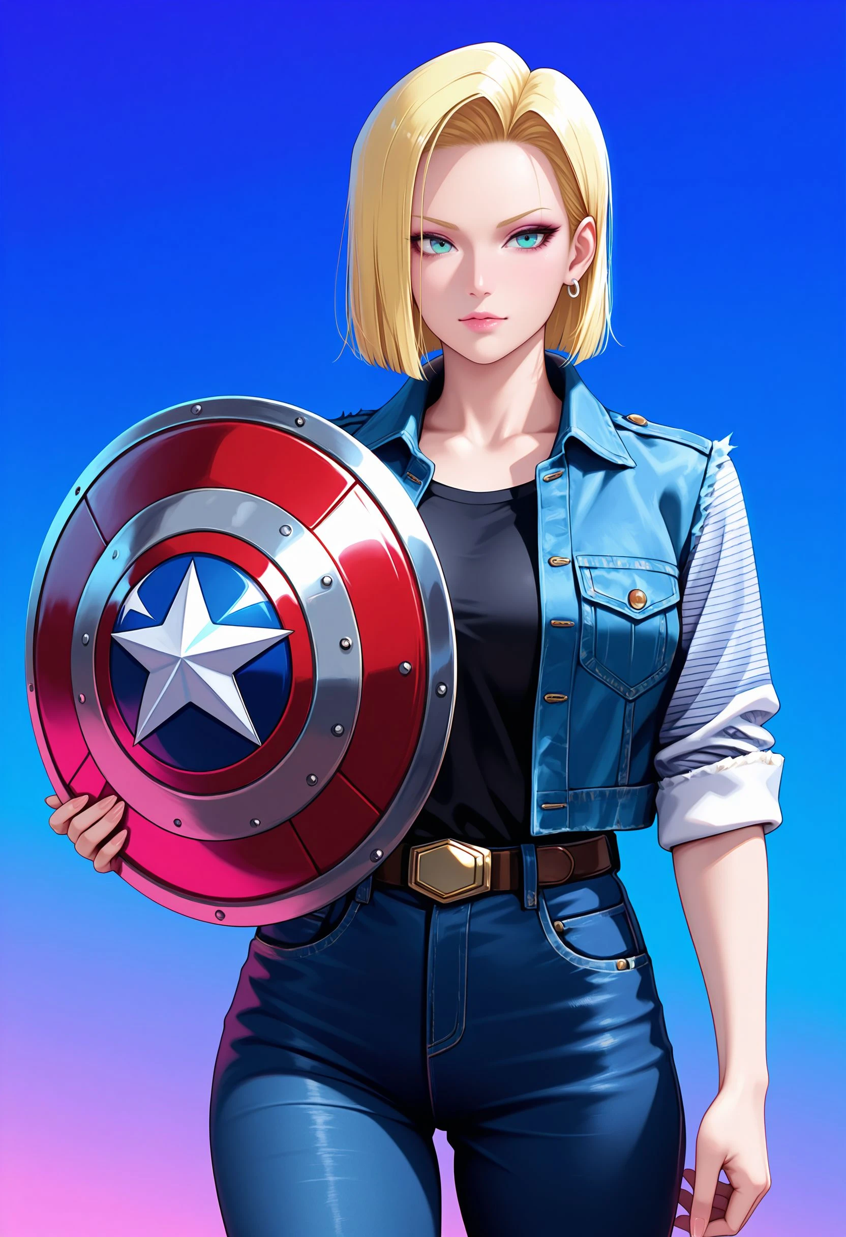 (highly detailed, hyper realistic, 8k, ultra HD, cinematic lighting) android 18, denim jacket, cowboy shot, (captain America shield), defensive stance, vaporwave background