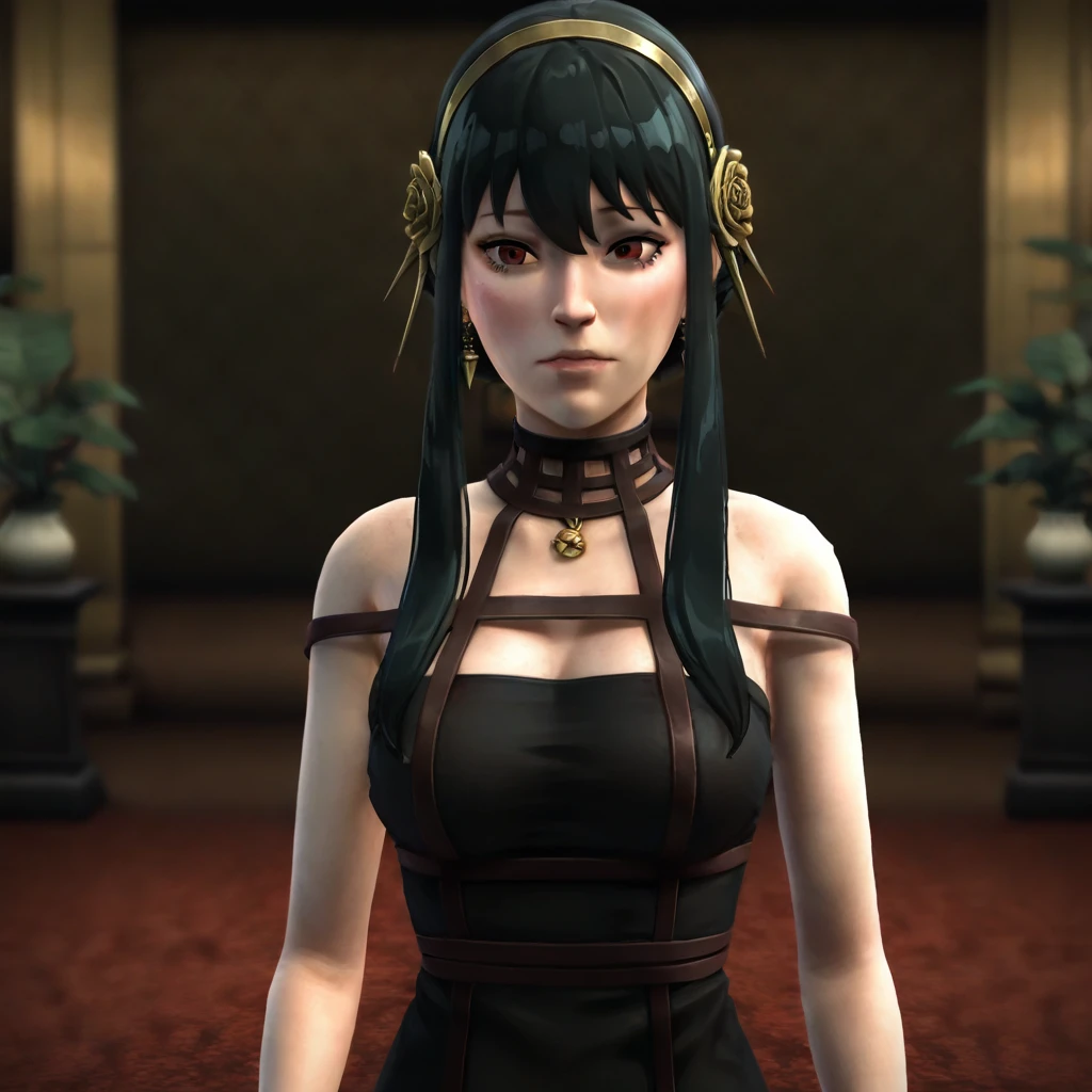 masterpiece, best quality, newest, absurdres, highres, TTGOTV1.0, realistic, 3d, 1girl, yor_briar, spy_x_family, black_hair, red_eyes, black dress,