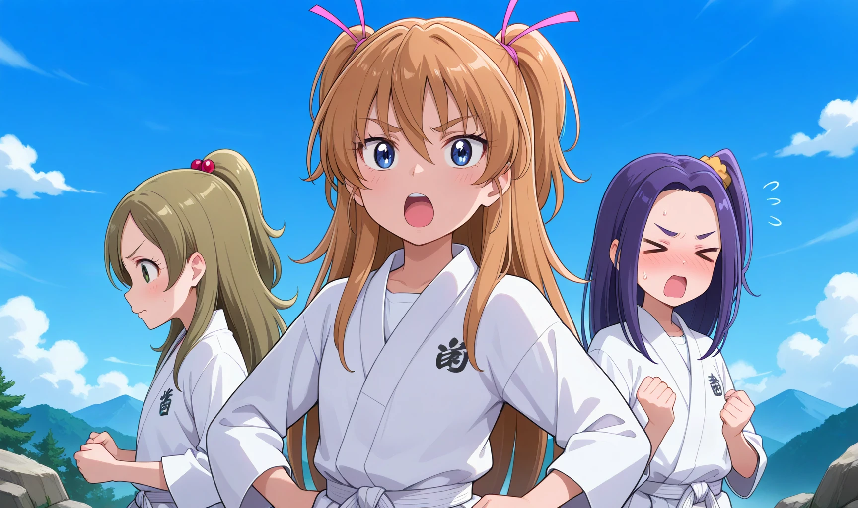 <lora:suite_precure_all_in_one_illusXL_locon_v1:0.7> masterpiece, best quality, absurdres, very aesthetic, general, 3girls, outdoors, rock, mountain, cloud, blue sky, day,
minamino kanade, hair bobbles, half updo, ponytail, dougi, brown hair, open mouth, long hair, eyelashes, tree, hair ornament, clenched hands, fighting stance, day, blonde hair, looking at another, looking to the side, blush, cloud, karate gi, brown eyes, d:, white belt, green eyes, light brown hair, black eyes, wavy mouth, blue sky, karate, surprised, short hair, martial arts, grey eyes, angry, martial arts belt, upper body, from side, profile, sweat,
houjou hibiki, two side up, blue eyes, open mouth, hands on hips, dougi, eyelashes, looking at viewer, angry, orange hair, blonde hair, brown hair, hair ribbon, karate gi, japanese clothes, :o, upper body, twintails, long sleeves, eyebrows visible through hair, very long hair, shouting, white shirt, hair ornament, v-shaped eyebrows, hair between eyes, eyebrows, hands on own hips, martial arts belt, white belt,
kurokawa eren, purple hair, blush, (> <, closed eyes:1.2), open mouth, long hair, sweat, side ponytail, yellow scrunchie, long sleeves, hair scrunchie, facing viewer, upper body, hair ornament, nose blush, hands up, fighting stance, white shirt, forehead, v-shaped eyebrows, one side up, shiny hair, hair intakes, parted bangs, flying sweatdrops, high ponytail, dougi, water drop, :o, tongue, furrowed brow, looking at another, looking to the side, karate gi, clenched hands, sweatdrop, shouting, embarrassed, from side, profile, martial arts belt, white belt,