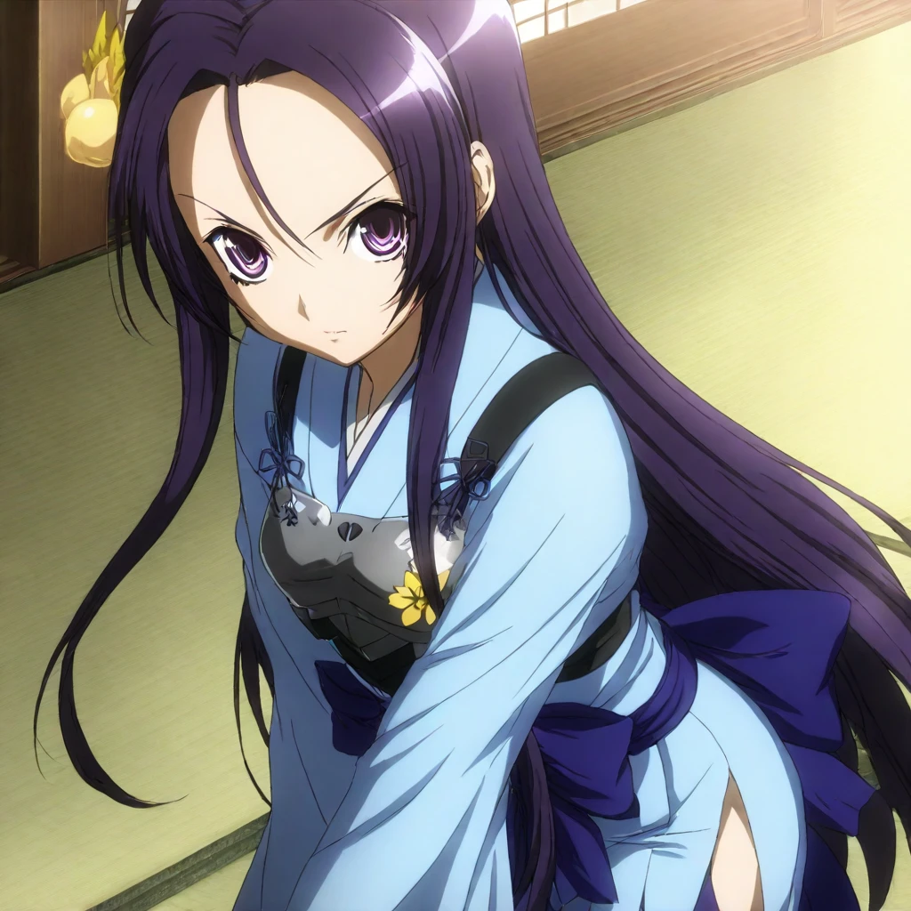 masterpiece,solo,looking at viewer,<lora:Akechi_Mitsuhide ilorg v1:1> akechi_mitsuhide, purple hair, long hair, purple eyes,japanese clothes,breast armor,