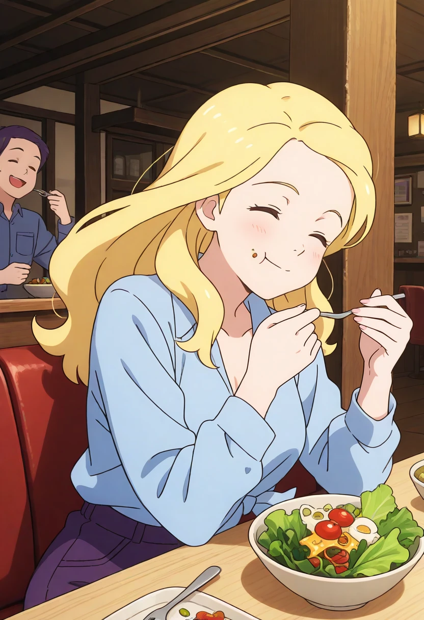 masterpiece, best quality, anime coloring
1girl, solo
<lora:tico_cheryl_il_v1c:0.7>
tico_cheryl
blonde hair, long hair, closed eyes,
blue shirt, long sleeves, dark purple pants, tied shirt
upper body,
smile,
restaurant, sitting, holding one fork, eating salad, salad bowl
day