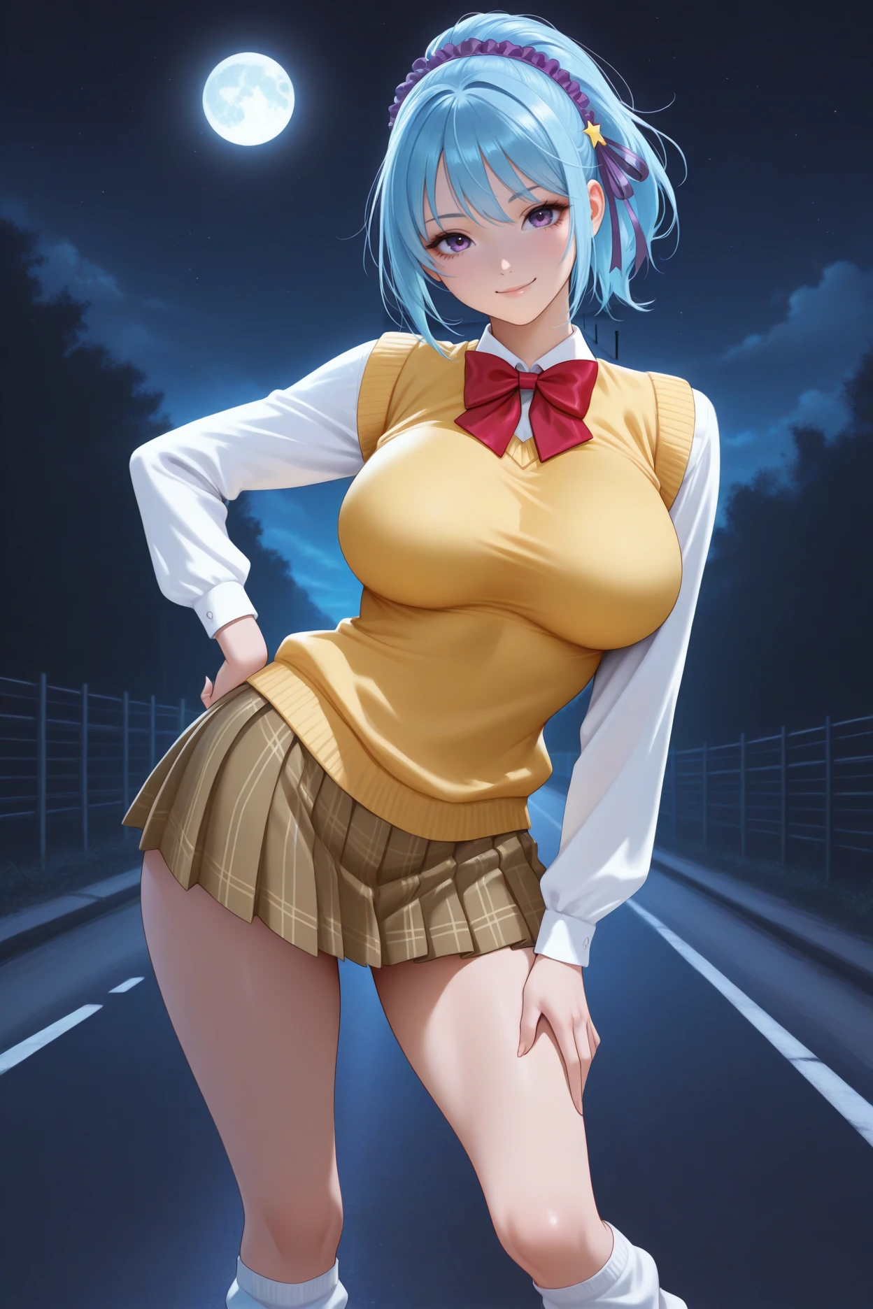 masterpiece, best quality, 1girl, solo <lora:kuronokurumu-illu-nvwls-v1-000006:1> rvkuku, blue hair, purple eyes, purple hairband, hair ribbon, ponytail, large breasts, yellow sweater vest, red bowtie, white shirt, collared shirt, long sleeves, plaid skirt, pleated skirt, miniskirt, white socks, loose socks, kneehighs, loafers, contrapposto, hand on hip, looking at viewer, smile, hand up, night sky, moon, road, fence