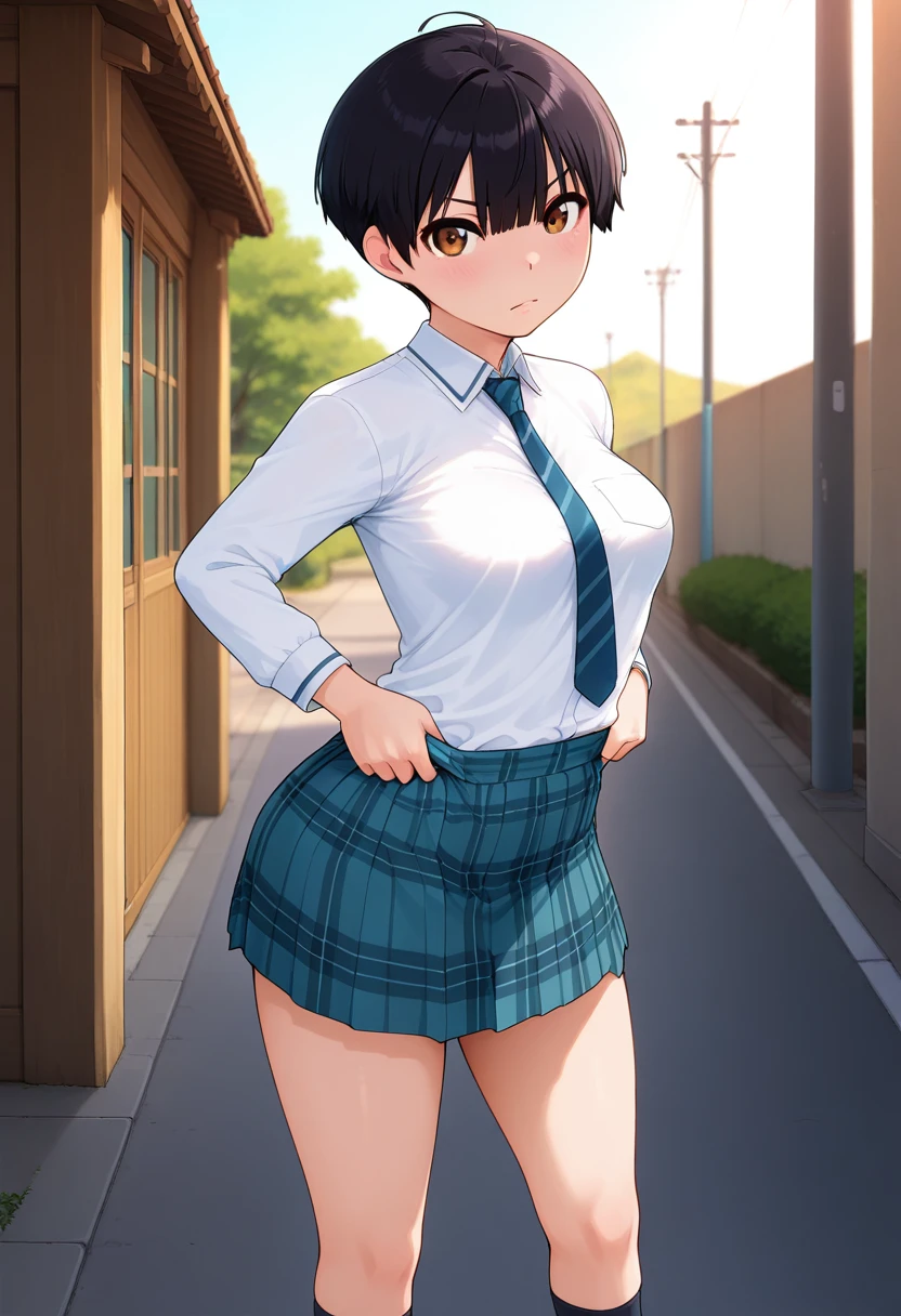 (masterpiece, best quality, ultra-detailed), 1girl, looking at viewer, standing, RukaSarashina, blue ribbon, black hair, short hair, smile, green eyes, , black pantyhose, standing, black laofers, show panties, white dress,