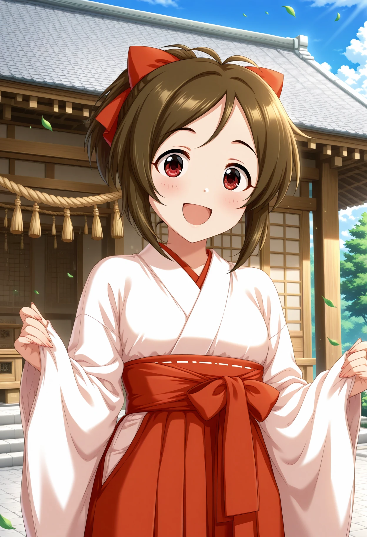 masterpiece, best quality, amazing quality, 1girl, solo, makeup, cowboy shot, looking at viewer, shrine, outdoors, falling leaves, blue sky, cloud, smile, excited, <lora:Domyoji_Karin_Cinderella:1>, Domyoji_Karin_Cinderella, brown hair, short hair, red eyes, antenna hair, hair ornament, hair bow, ponytail, japanese clothes, miko, long sleeves, hakama, red hakama skirt, sash, obi, <lora:wai-Rectified-s:1>, <lora:prompt_extend:1>