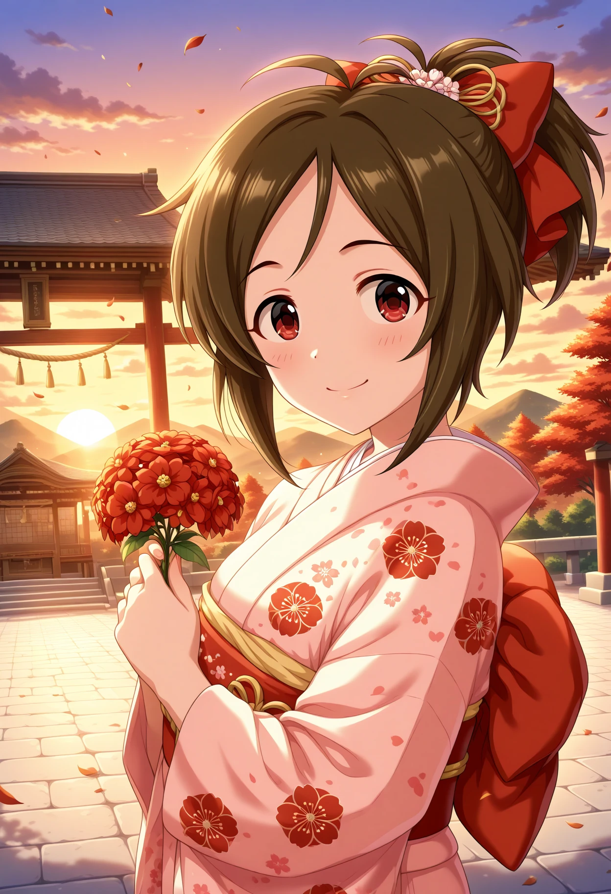 masterpiece, best quality, amazing quality, 1girl, solo, makeup, cowboy shot, looking at viewer, shrine, outdoors, falling leaves, sunset, hill, flowers, sky, cloud, serene smile, from side, cinematic lights, dramatic angle, <lora:Domyoji_Karin_Cinderella:1>, Domyoji_Karin_Cinderella, brown hair, short hair, red eyes, antenna hair, hair ornament, hair bow, ponytail, japanese clothes, long sleeves, kimono, floral print, sash, obi, holding flowers, <lora:wai-Rectified-s:1>, <lora:prompt_extend:1>