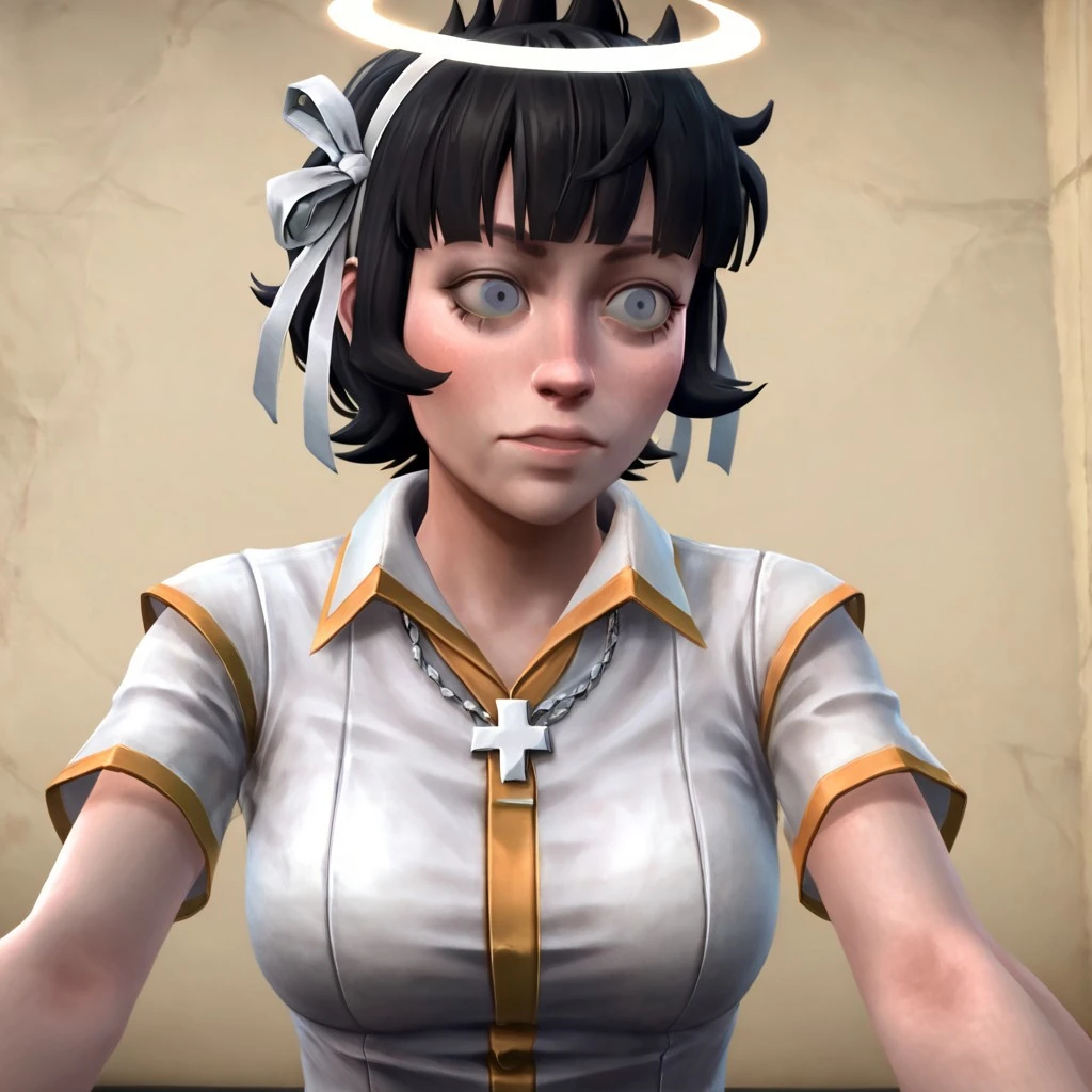 masterpiece, best quality, newest, absurdres, highres, TTGOTV1.0, realistic, 1girl, azazel (helltaker), short hair, black hair, halo, white shirt,