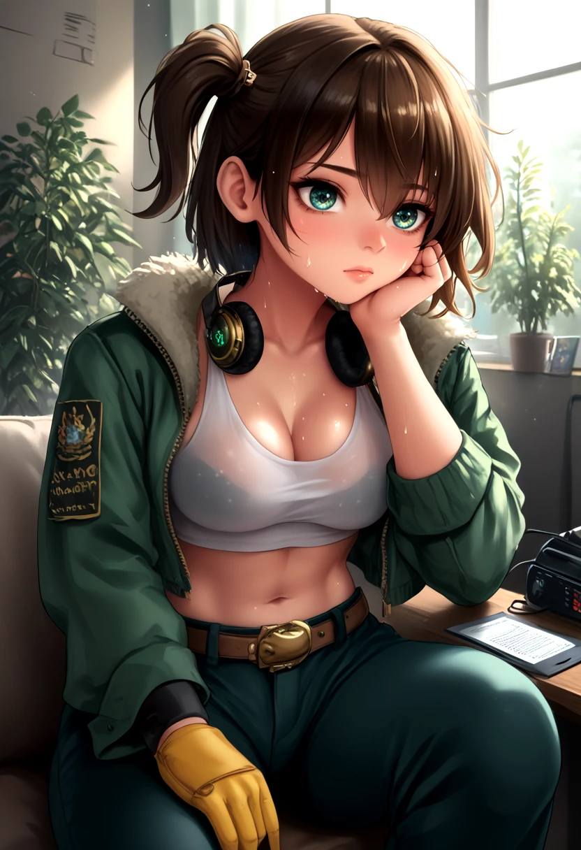 score_9,score_8_up,score_7_up,score_6_up,score_5_up,score_4_up,source_anime,1girl,belt,brown hair,clipboard,corded phone,crop top,dice hair ornament,electric fan,gloves,green eyes,green jacket,hair ornament,head rest,headphones,headphones around neck,indoors,jacket,no bra,one side up,pants,phone,plant,potted plant,punched tape,radio,see-through clothes,single glove,sitting,solo,sweat,telegraph,unworn jacket,window,wristband,yellow gloves,