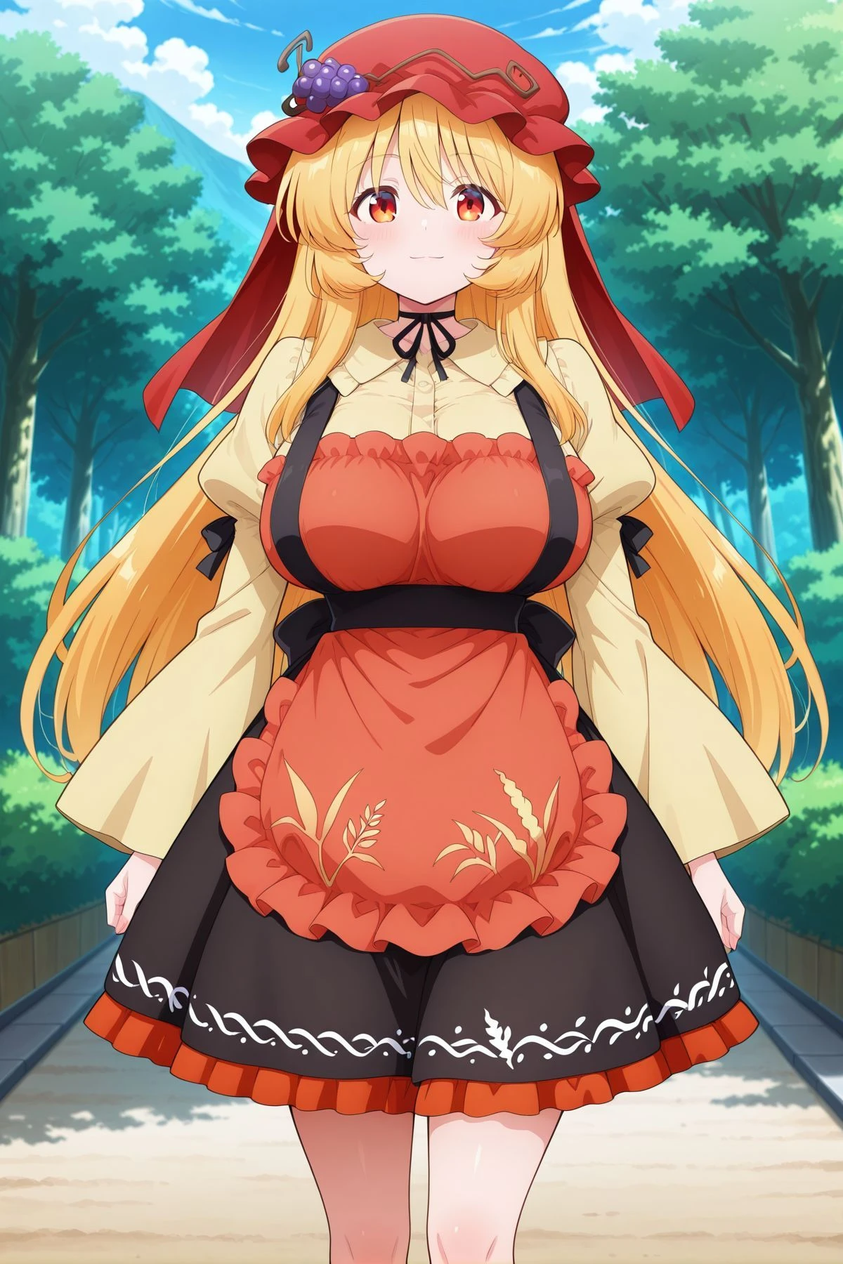absurdres, highres, masterpiece, best quality, amazing quality, official anime artwork, screencap, anime screencap, outdoors, looking at viewer, light smile, dynamic pose, standing,
<lora:Aki-Minoriko_Illustrious:1> aki minoriko, 1girl, yellow eyes, blonde hair, long hair, aged up, large breasts,, aki minoriko \(symbol of overly abundant harvests\), alternate hair length, alternate hairstyle, alternate costume, red veil, red hat, mob cap, grape hat ornament, black neck ribbon, yellow shirt, long sleeves, wide sleeves, juliet sleeves, collared shirt, black skirt, red frilled skirt, petticoat, frilled apron, red apron,