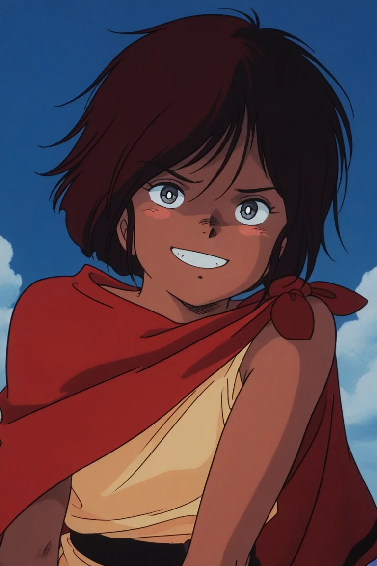 masterpiece, best quality, source_anime,official art,perfect_anatomy,1990s_\(style\),retro_artstyle,1girl,Seneca,tomboy,brown_hair,short_hair,cape,bare_shoulders,sleeveless,(detailed face,looking_at_viewer,grin),upper_body,day,blue_sky,cloud