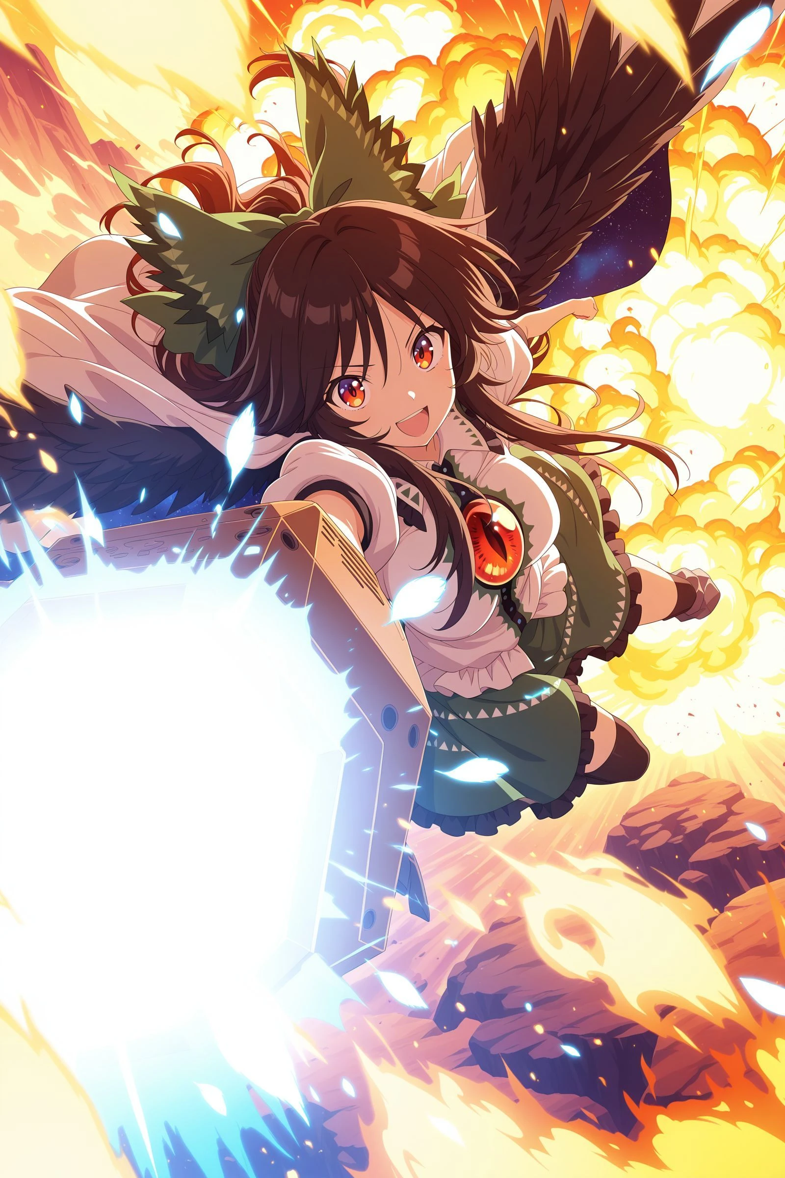 aiming at viewer, arm cannon, burning, embers, explosion, feathered wings, fire, firing, flame, looking at viewer, molten rock, open mouth, orange sky, sparks, sun, sunset, third eye, weapon,
absurdres, highres, masterpiece, best quality, amazing quality, official anime artwork, screencap, anime screencap,
<lora:Utsuho-Reiuji_IllustriousV1.1.safetensors:1> reiuji utsuho, 1girl, solo, brown hair, green bow, hair bow, black wings, bird wings, third eye, medium large breasts,, arm cannon, green skirt, white cape, white shirt, puffy short sleeves, clenched hand, :d, buttons,